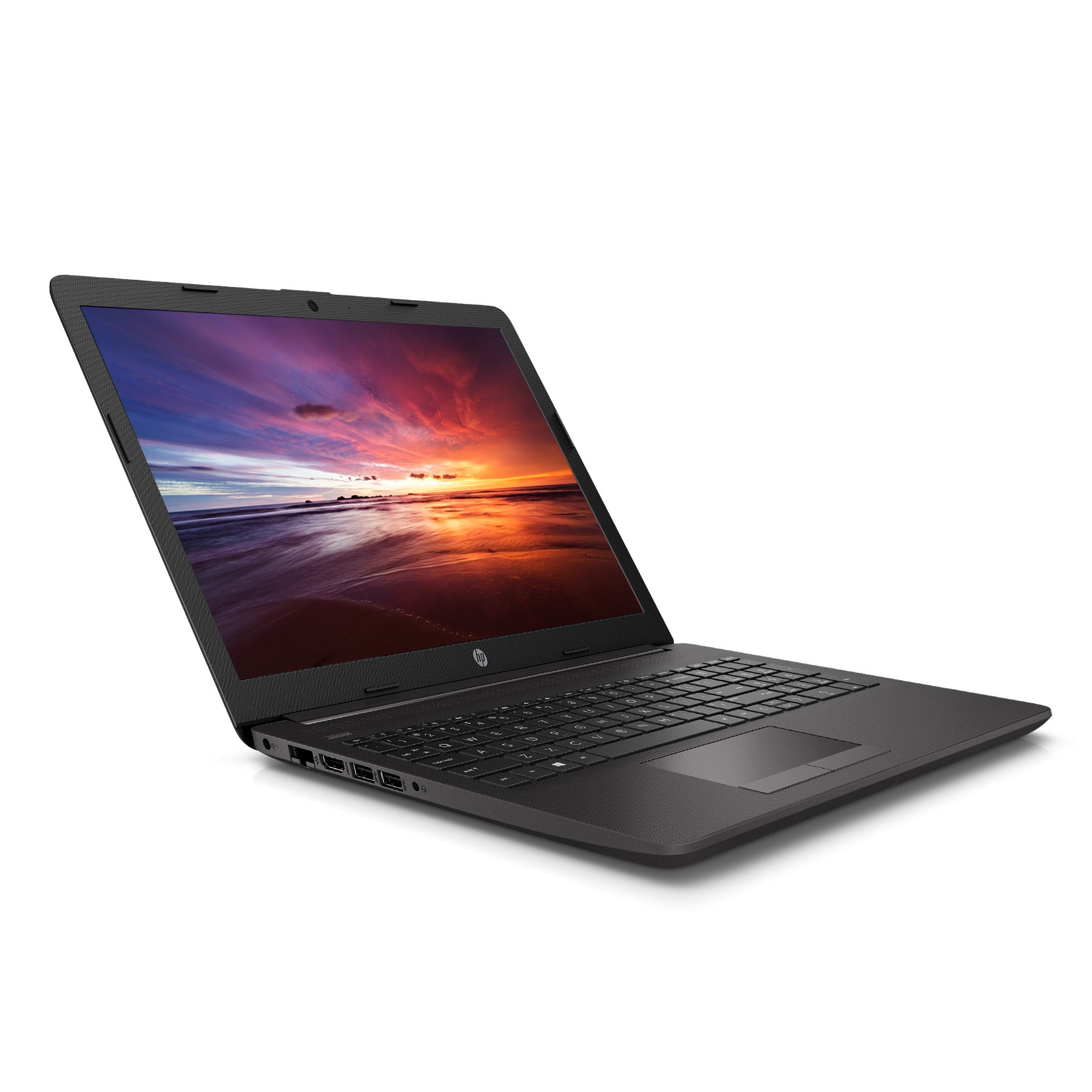 Ein schwarzer Laptop auf einer weißen Oberfläche. Der Bildschirm zeigt einen farbenfrohen Sonnenuntergang über einem Gewässer.