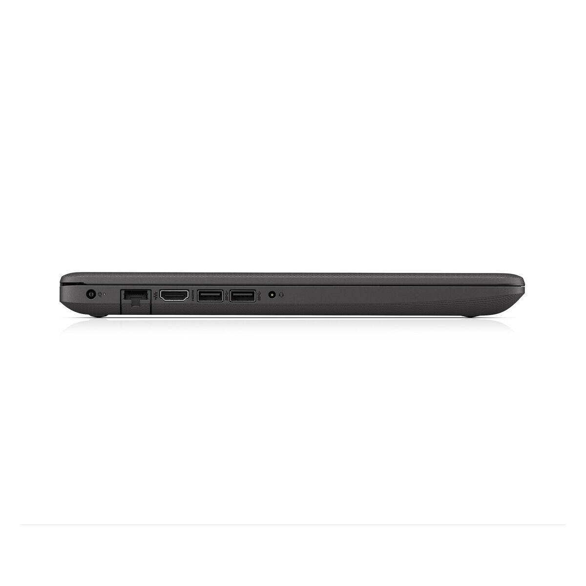 Seitenansicht eines schwarzen Laptops mit Anschlüssen. Anschlüsse umfassen Ethernet, HDMI, USB und Audio.