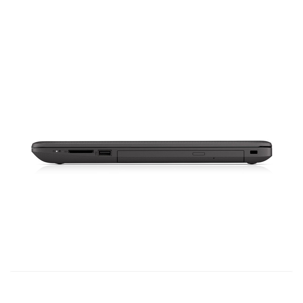 Ein schwarzer Laptop, von der Seite gesehen, vor weißem Hintergrund.