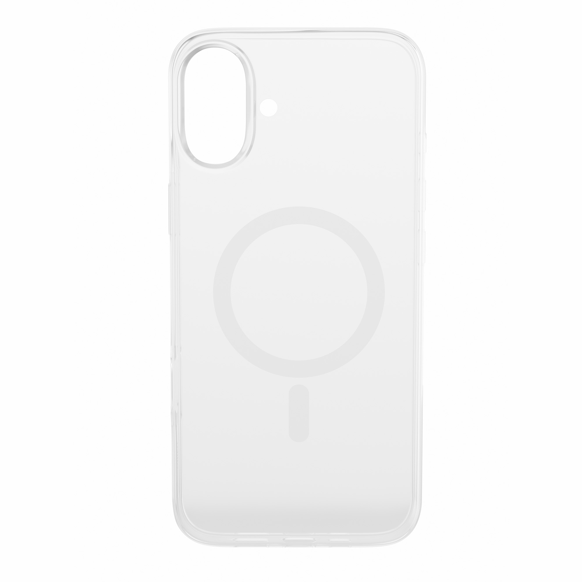 Przezroczyste etui na telefon z okręgiem i pionową linią pośrodku. Białe tło.
