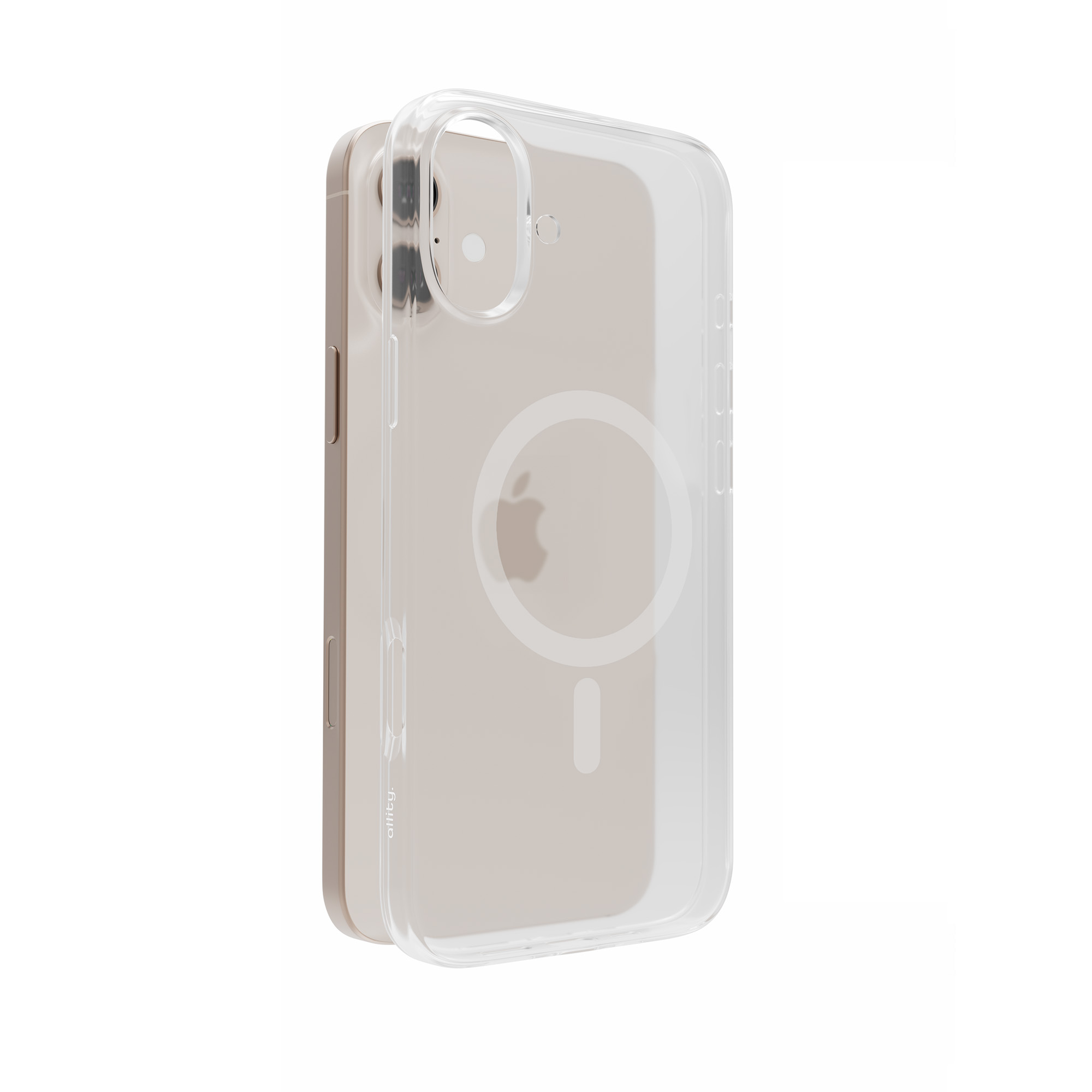 Przezroczyste etui na iPhone na złotym iPhonie. Etui pokazuje logo Apple i obszar aparatu. Telefon jest widoczny wewnątrz etui.