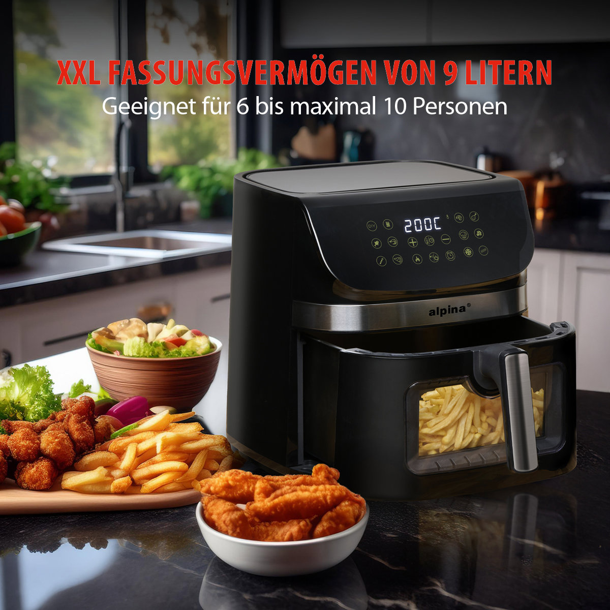 Zwarte airfryer met eten op een tafel. Schalen met eten en tekst op de achtergrond.