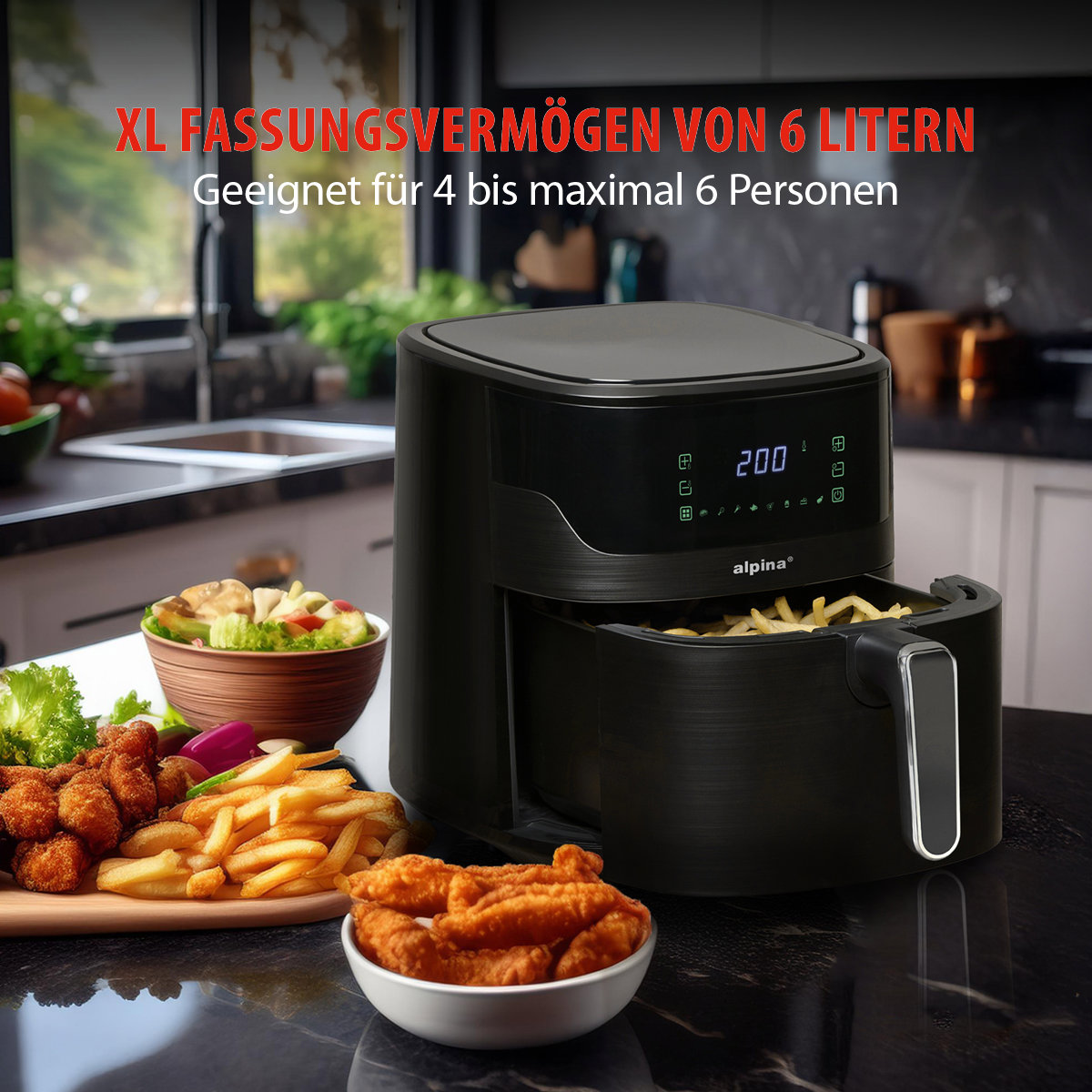 Zwarte airfryer met eten. Tekst: 6 liter, voor 4-6 personen. Op een aanrecht.