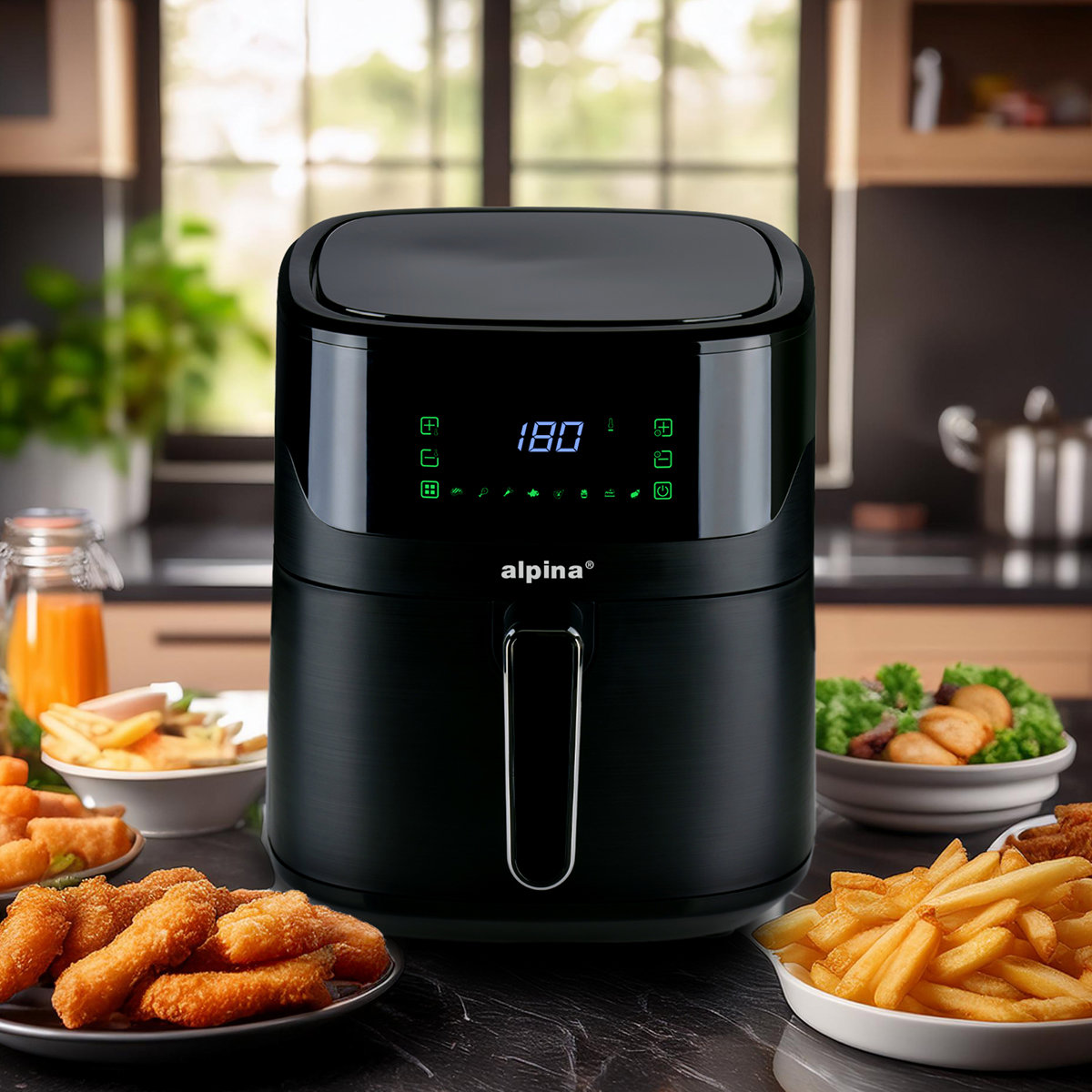Zwarte airfryer met digitaal display, eten op borden.
