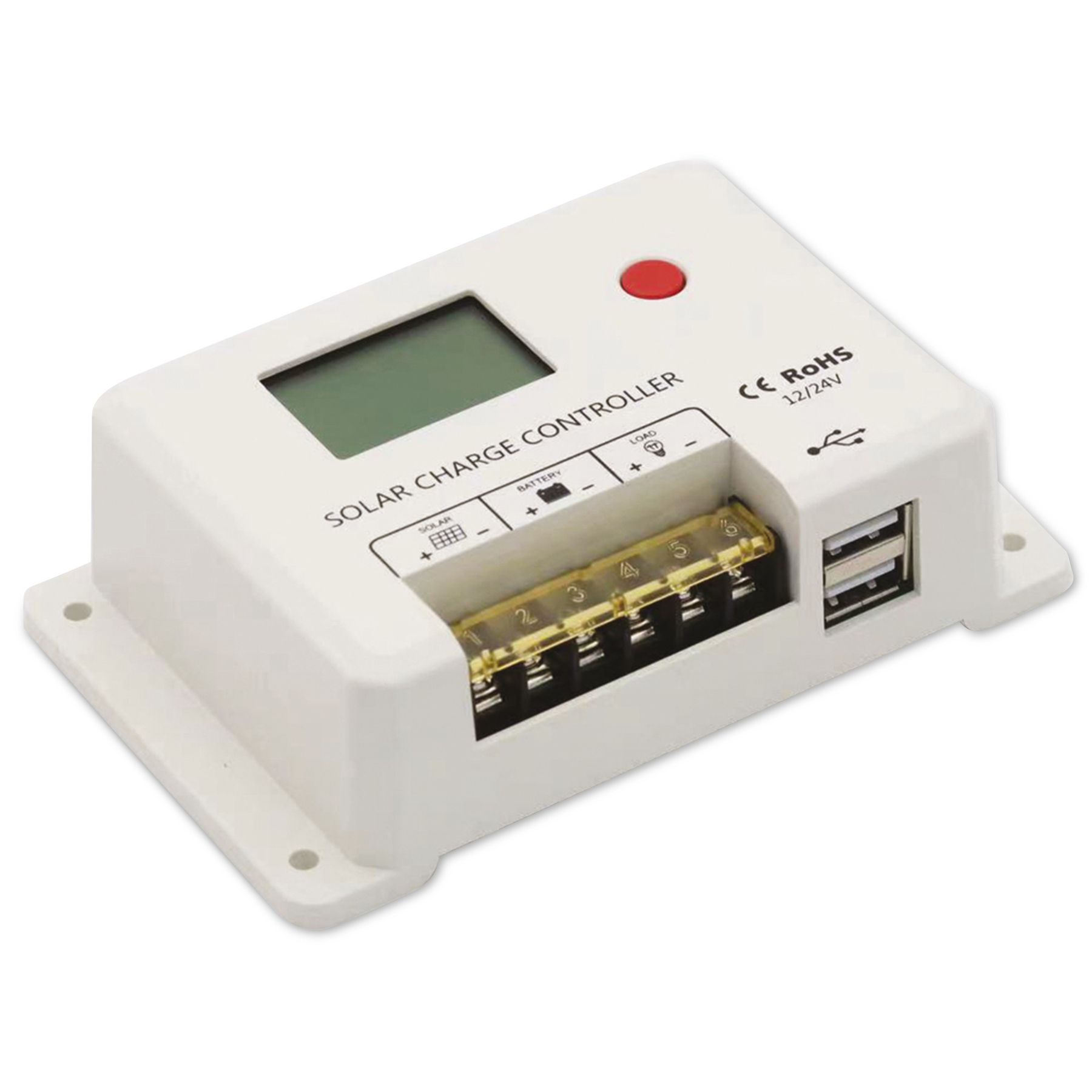 Biały kontroler ładowania solarnego z wyświetlaczem, portami USB i zaciskami połączeniowymi.