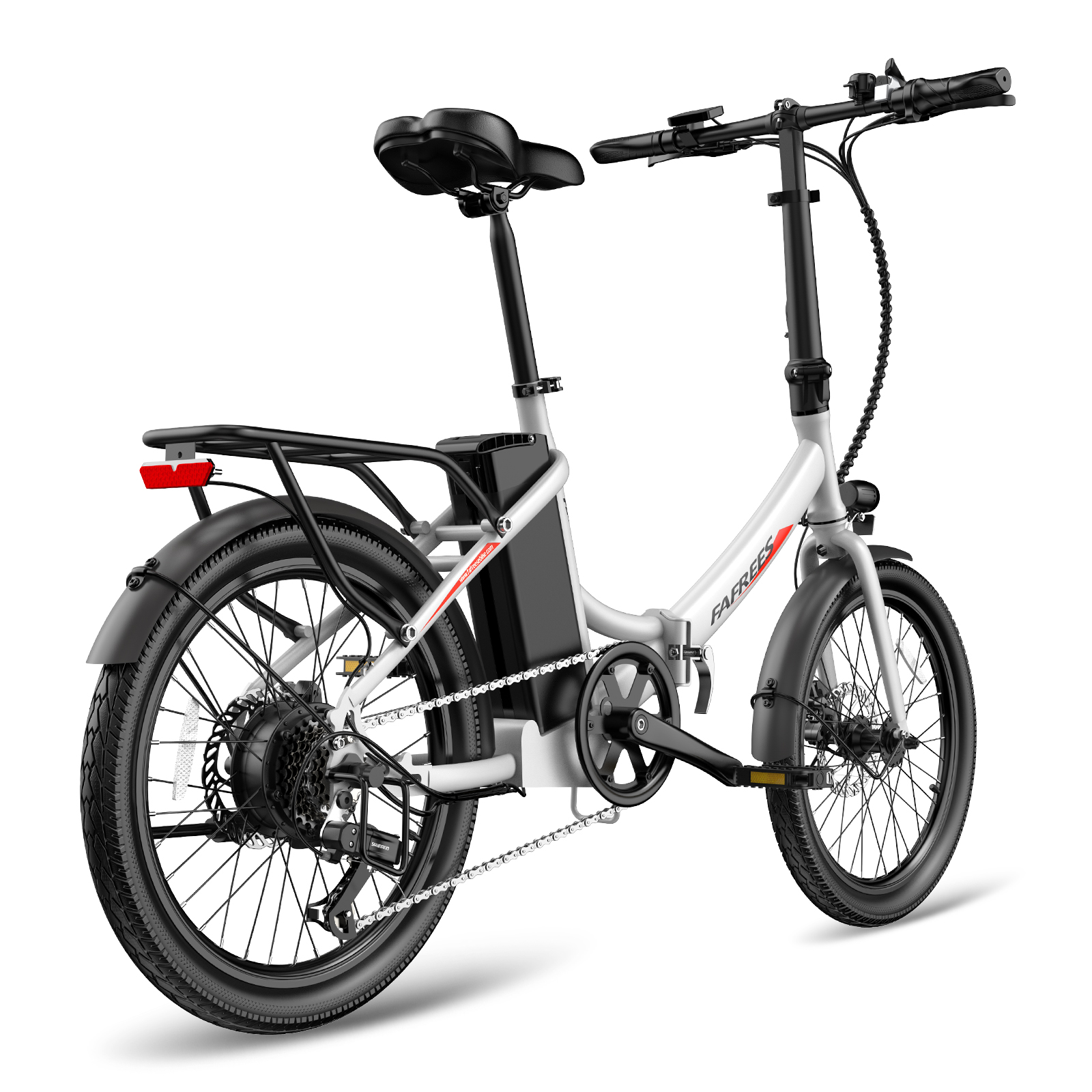 Weißes und graues faltbares Elektrofahrrad.