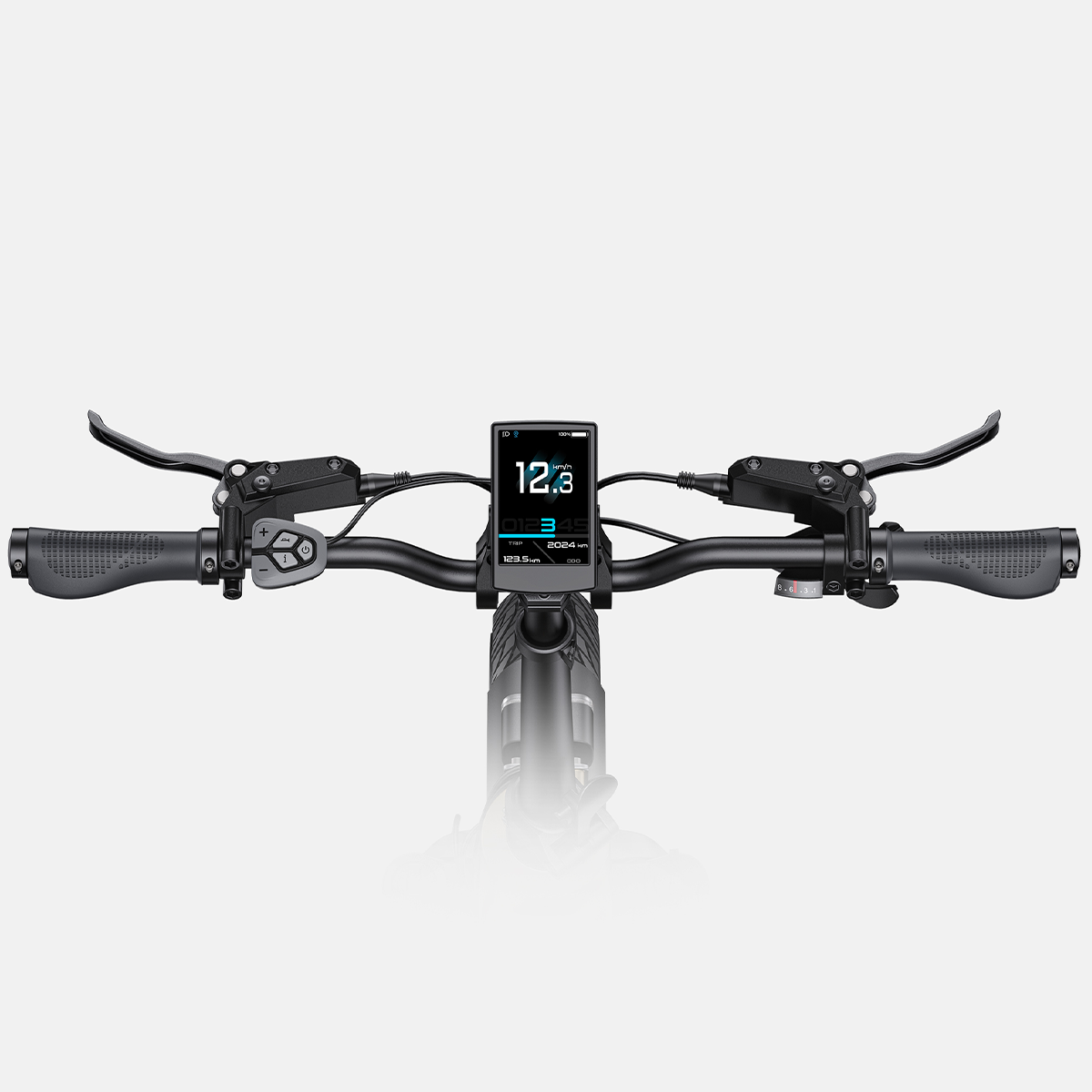 Manubrio della bicicletta con display digitale. Il tachimetro mostra 12,3, viaggio e contachilometri.