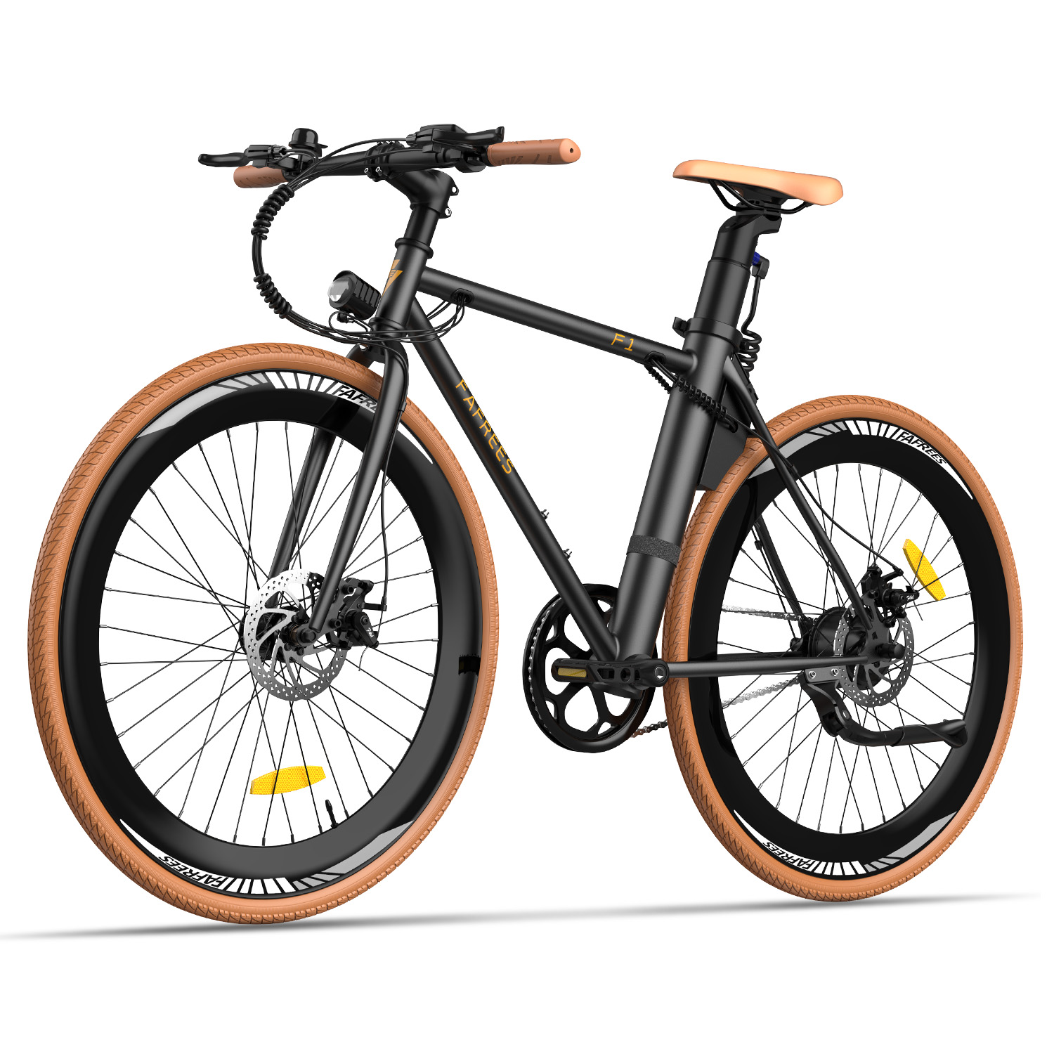Bicicletta elettrica nera con pneumatici e sella marroni. Sono visibili manubrio e luce.