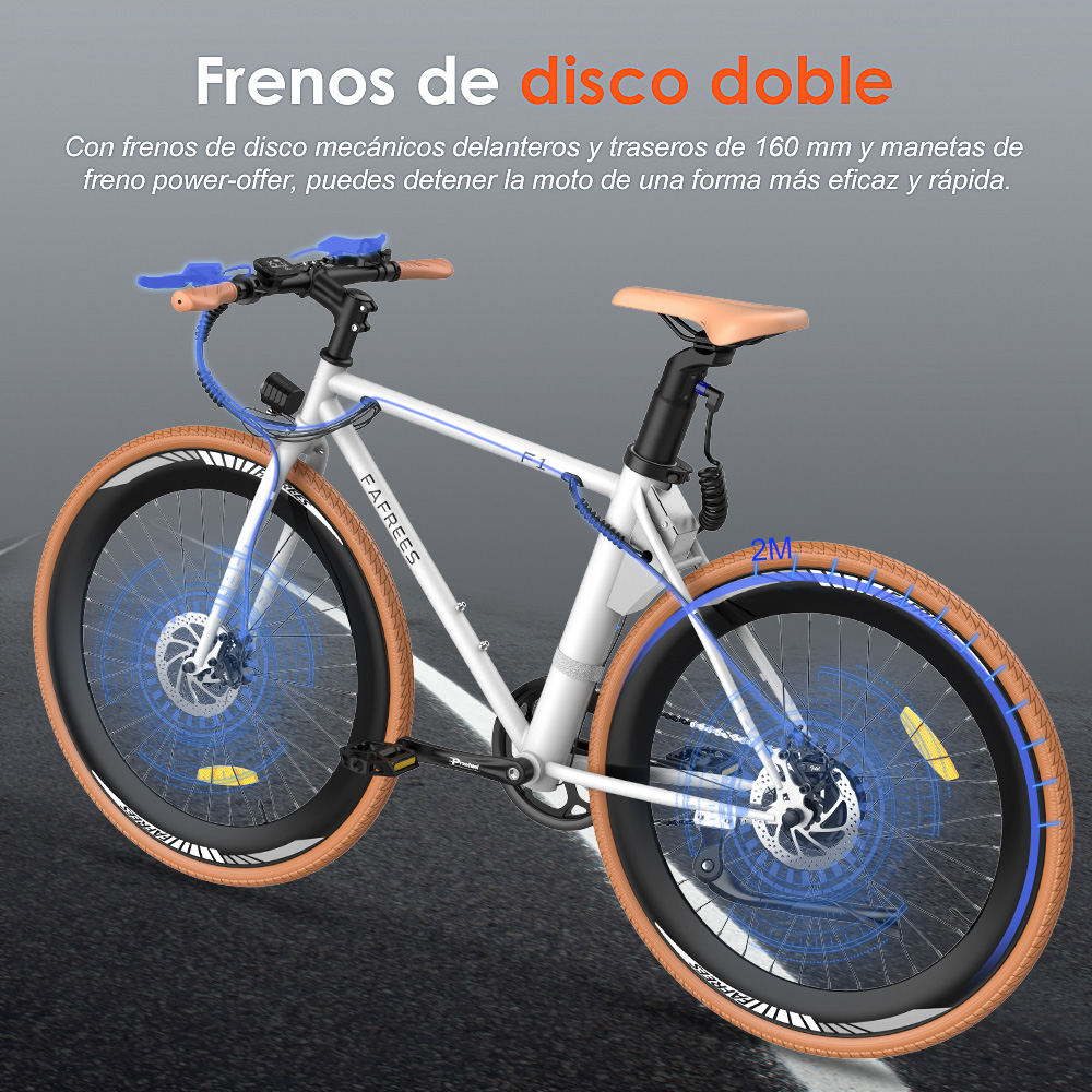 Bicicletta elettrica bianca con pneumatici marroni. Ha tubi freno blu e un telaio azzurro.