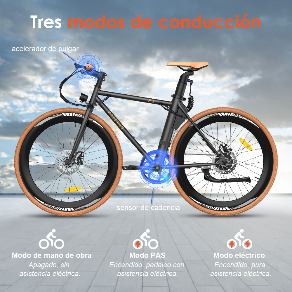 Una bici elettrica con diverse modalità di guida, con testo in spagnolo e inglese.