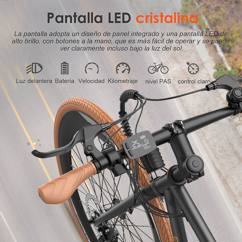 Primo piano di una bicicletta nera e marrone con testo in spagnolo che ne descrive le caratteristiche.