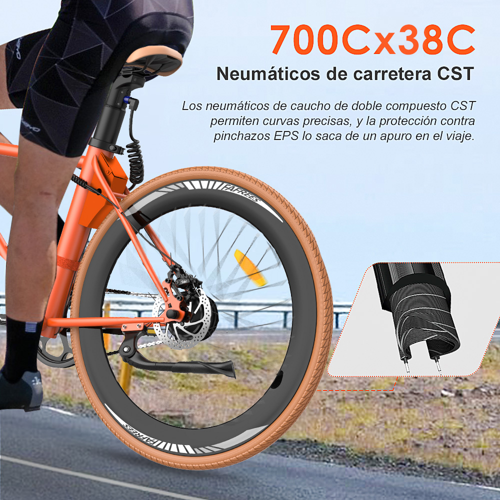 Una bicicletta arancione con pneumatici CST. Il testo spiega le caratteristiche degli pneumatici in spagnolo, vista da vicino.