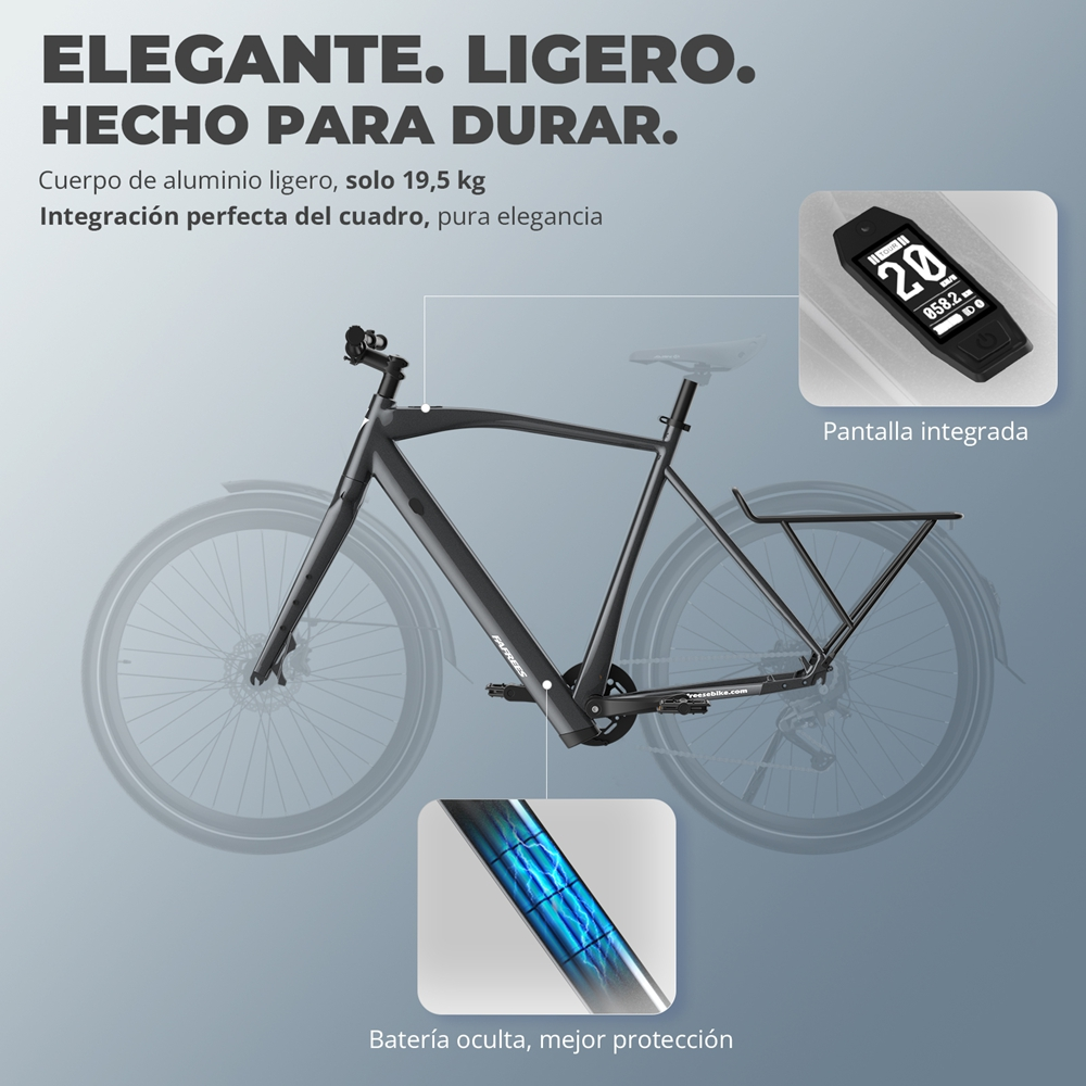 Bicicleta gris con pantalla integrada mostrando la velocidad, texto: elegante, ligera, hecha para durar.