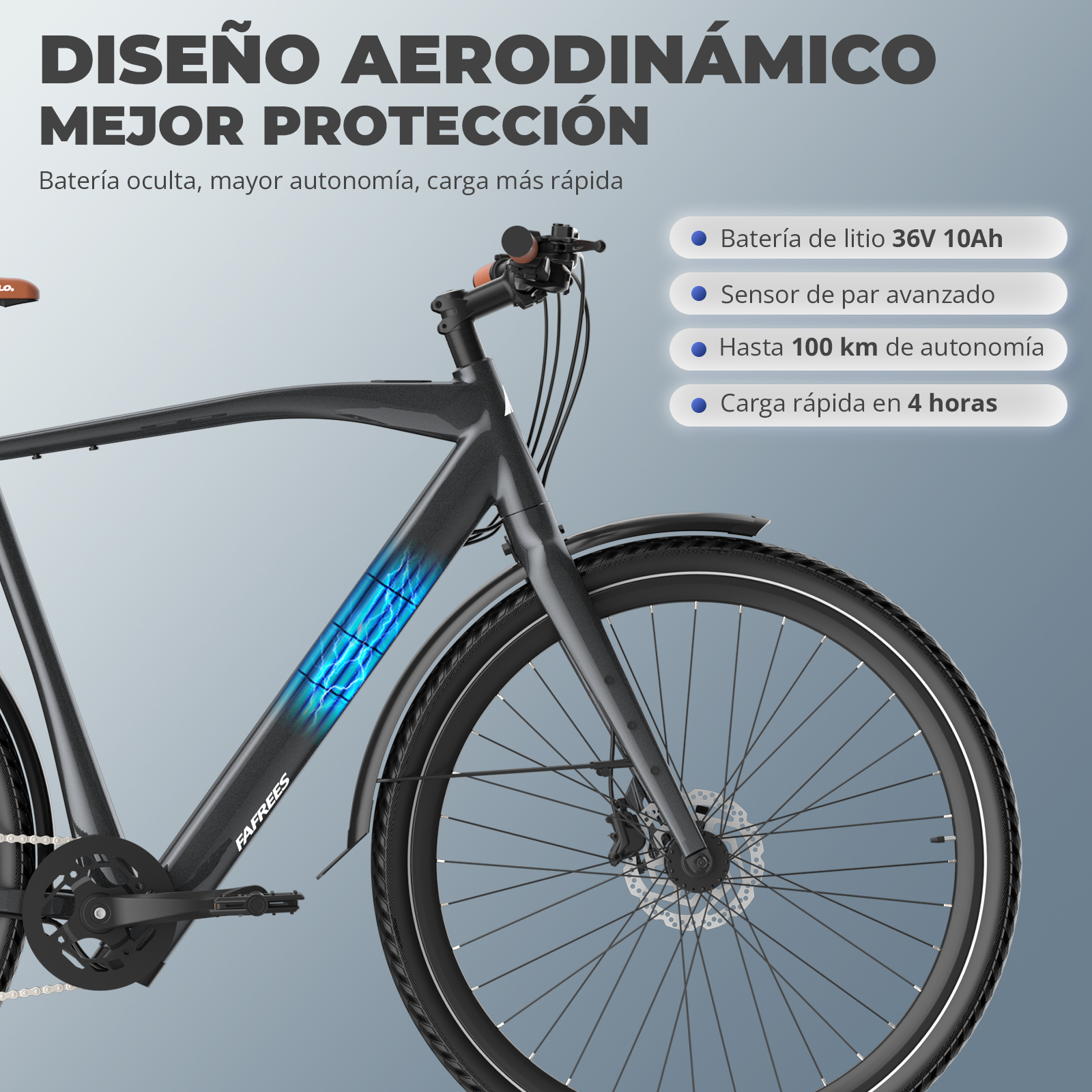 Bicicleta eléctrica negra con texto sobre diseño aerodinámico, batería y autonomía.