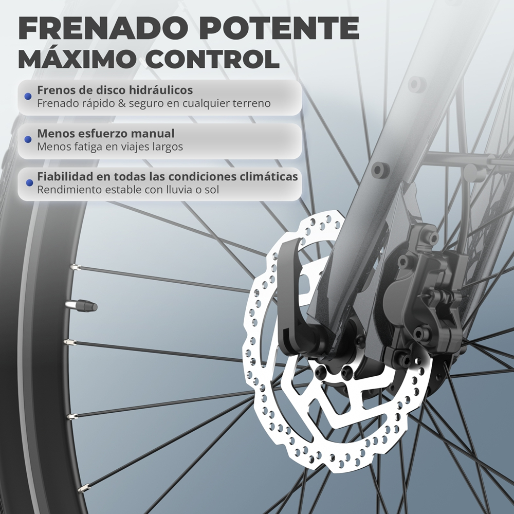 Rueda de bicicleta con freno de disco. El texto menciona "Frenado potente" y "Control máximo".