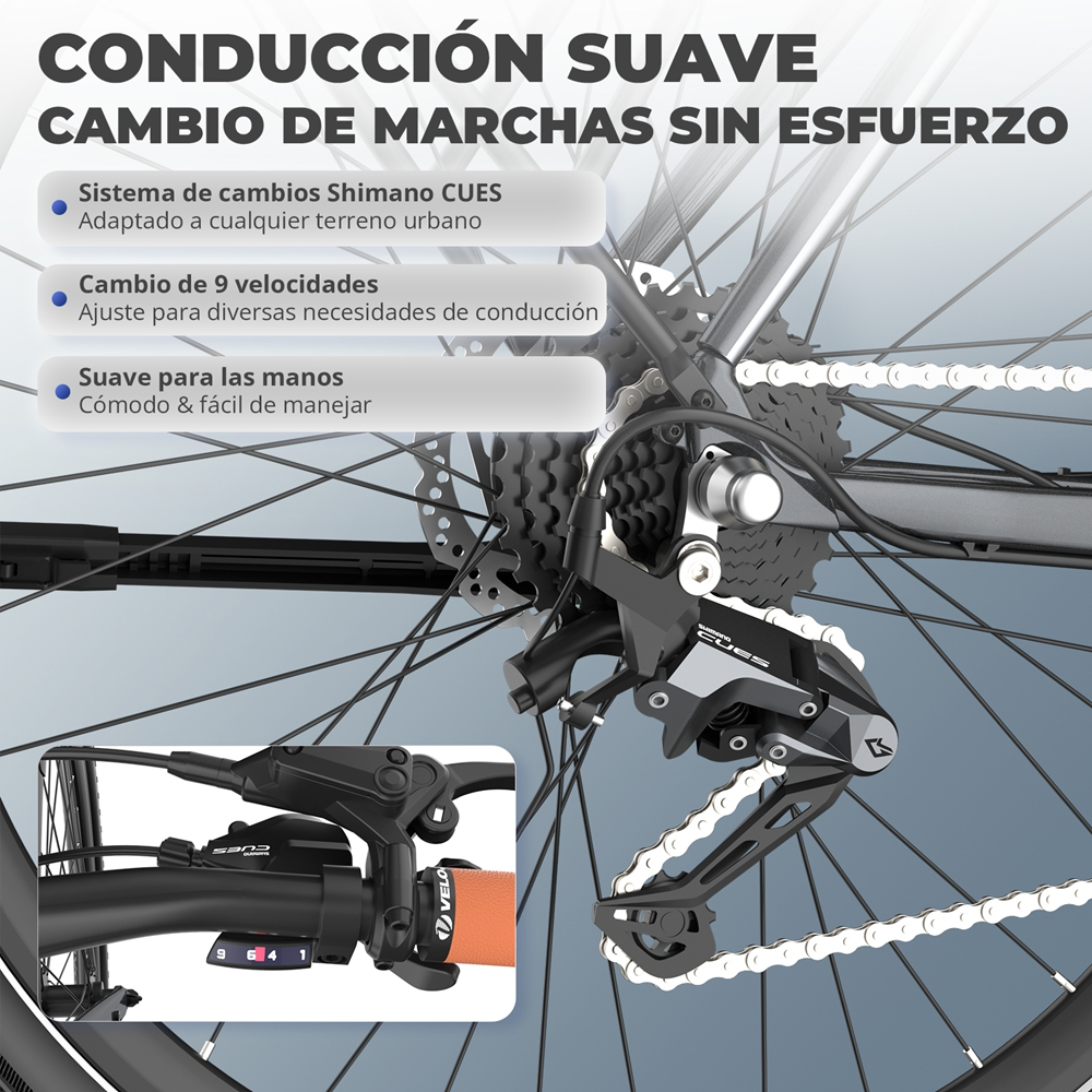 Primer plano de engranajes de bicicleta, mostrando sistema Shimano CUES, 9 velocidades y agarres.