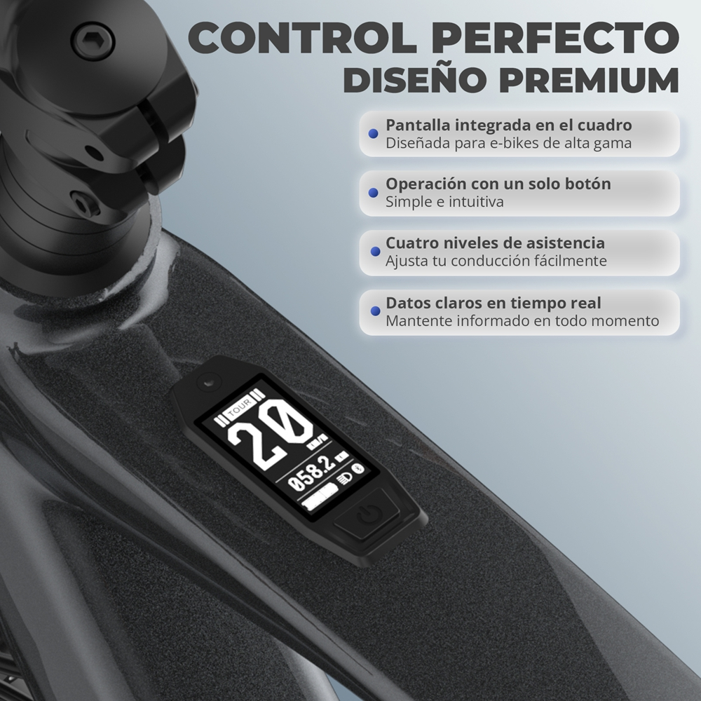La pantalla de la e-bike muestra velocidad y batería. Características: operación simple, datos en tiempo real y cuatro niveles.