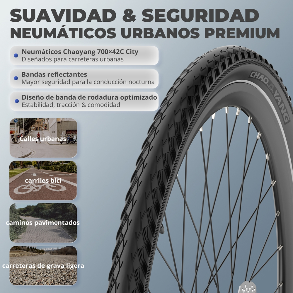 Primer plano de un neumático de bicicleta negro, con texto sobre neumáticos. Se muestran varias superficies de carretera en el fondo.