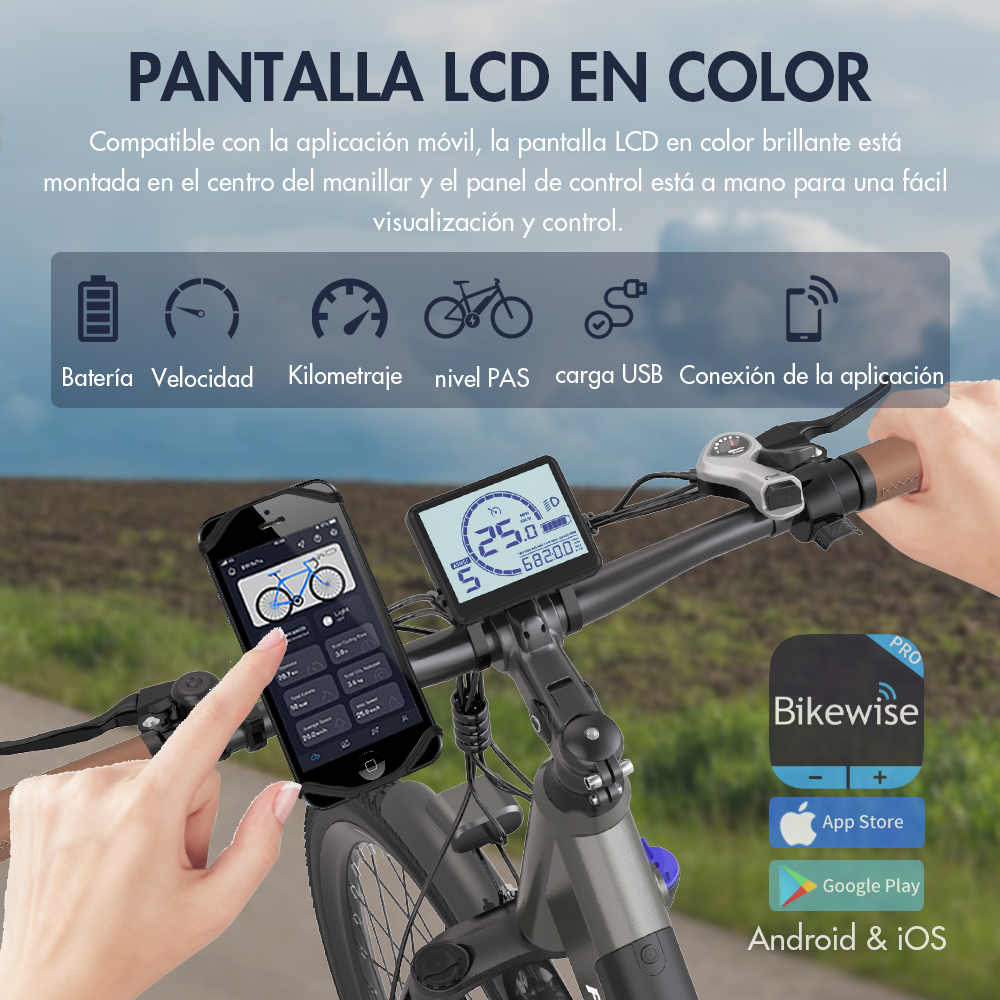 El panel de control de una bicicleta muestra la velocidad y la batería, con un teléfono que muestra la aplicación.