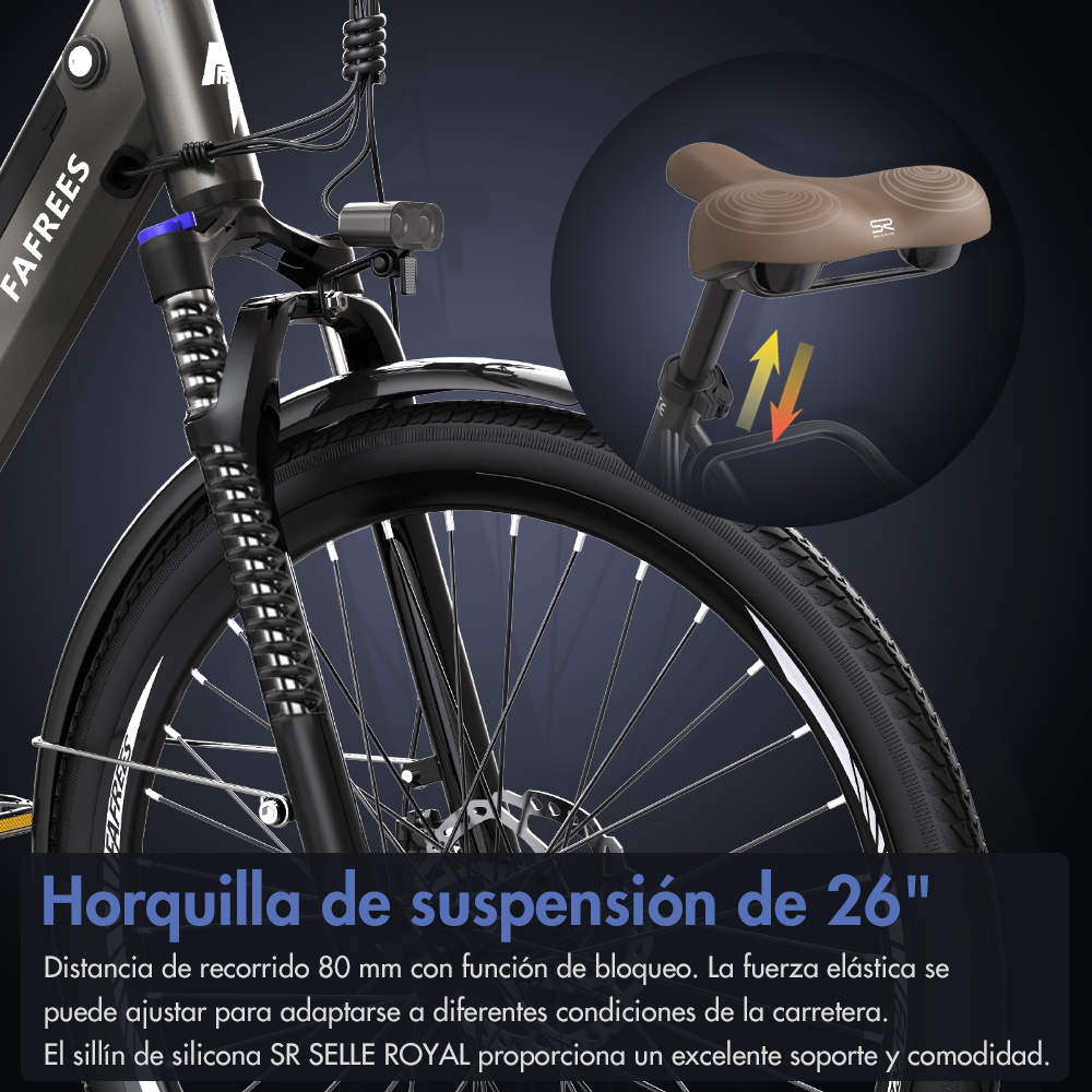 Primer plano de la parte delantera de una bicicleta. Enfoque en la horquilla de suspensión y el neumático delantero.