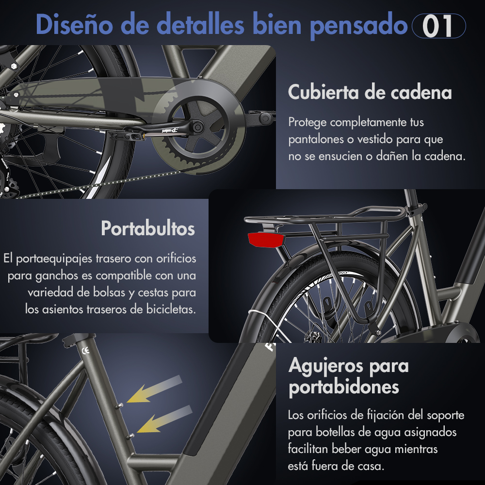 Vista detallada de los componentes de una bicicleta eléctrica, incluyendo protector de cadena y portaequipajes.