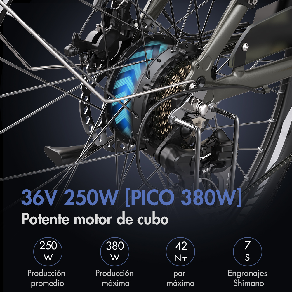 Detalles de la rueda trasera y el motor de la bicicleta eléctrica, incluyendo información de potencia y engranajes.