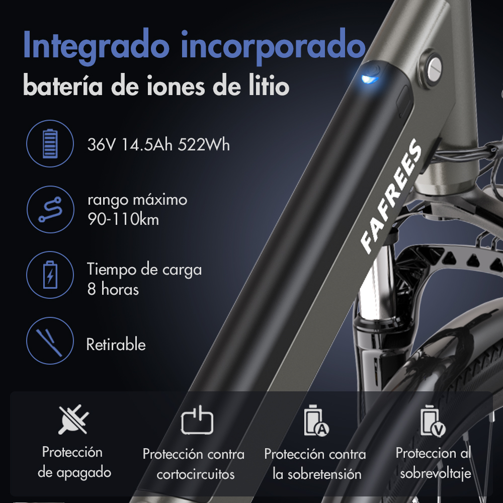 Primer plano de una e-bike con especificaciones de batería, texto en español. La bicicleta es negra y gris.