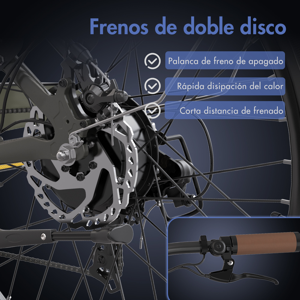Primer plano del sistema de frenos de disco de una bicicleta con etiquetas.