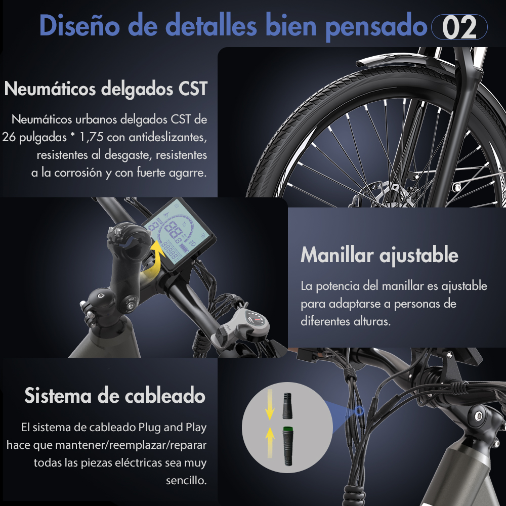 Bicicleta eléctrica con detalles de sus componentes, como neumáticos y manillar ajustable.