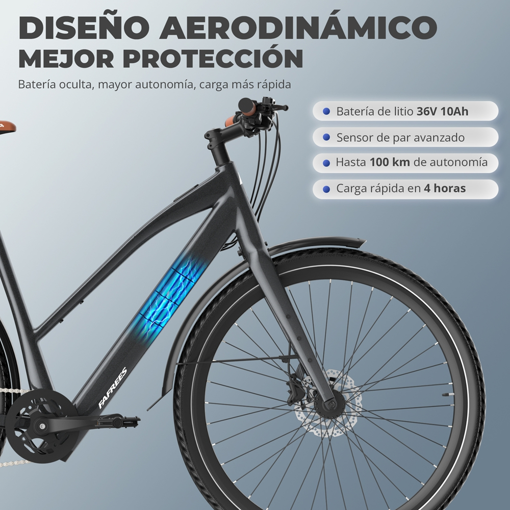 Bicicleta eléctrica que muestra la batería oculta y características como la duración y el tiempo de carga.