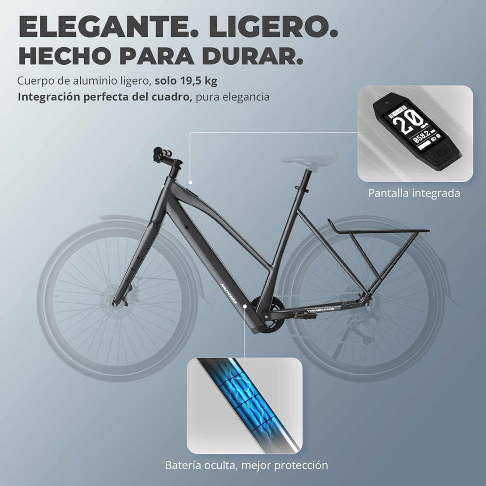 Cuadro de bicicleta eléctrica negra con batería integrada, diseño elegante. Cuenta con una pantalla integrada y una batería oculta.