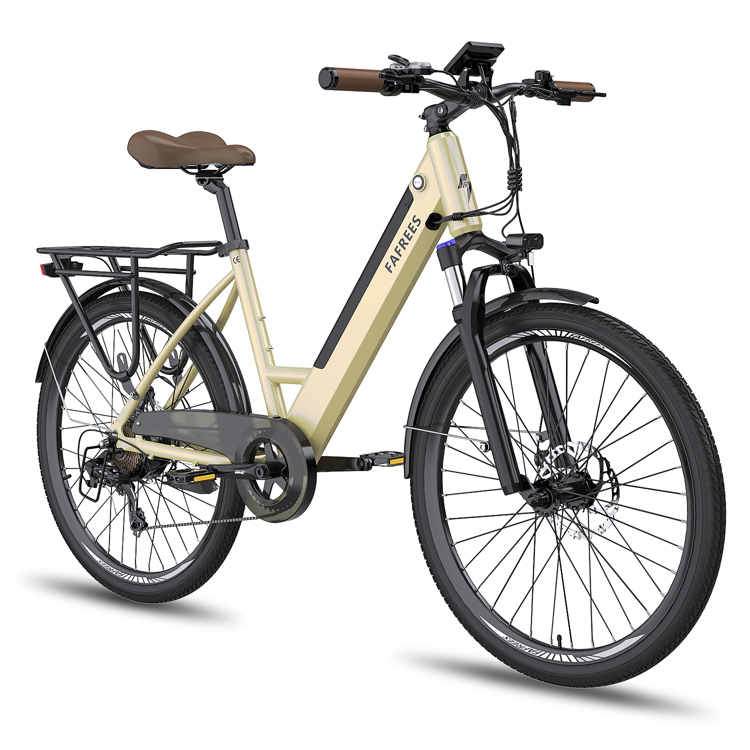 Una bicicleta eléctrica beige y negra. Tiene un asiento y manillar marrones y un portaequipajes en la parte trasera.