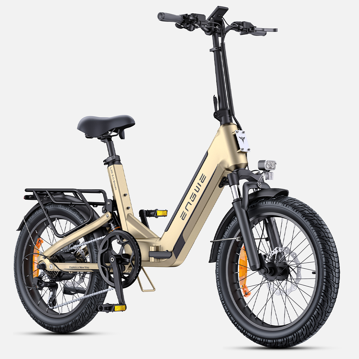 Bicicletta elettrica dorata. La bici è mostrata su sfondo bianco.