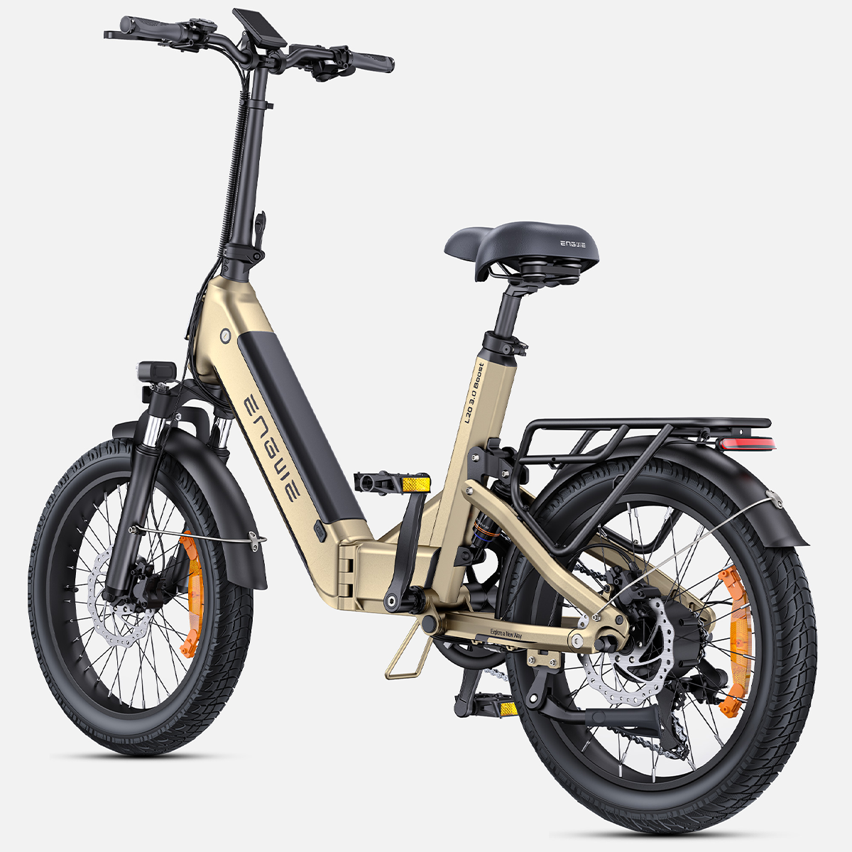 Bicicletta elettrica con un design unico e una combinazione di colori nero e arancione.