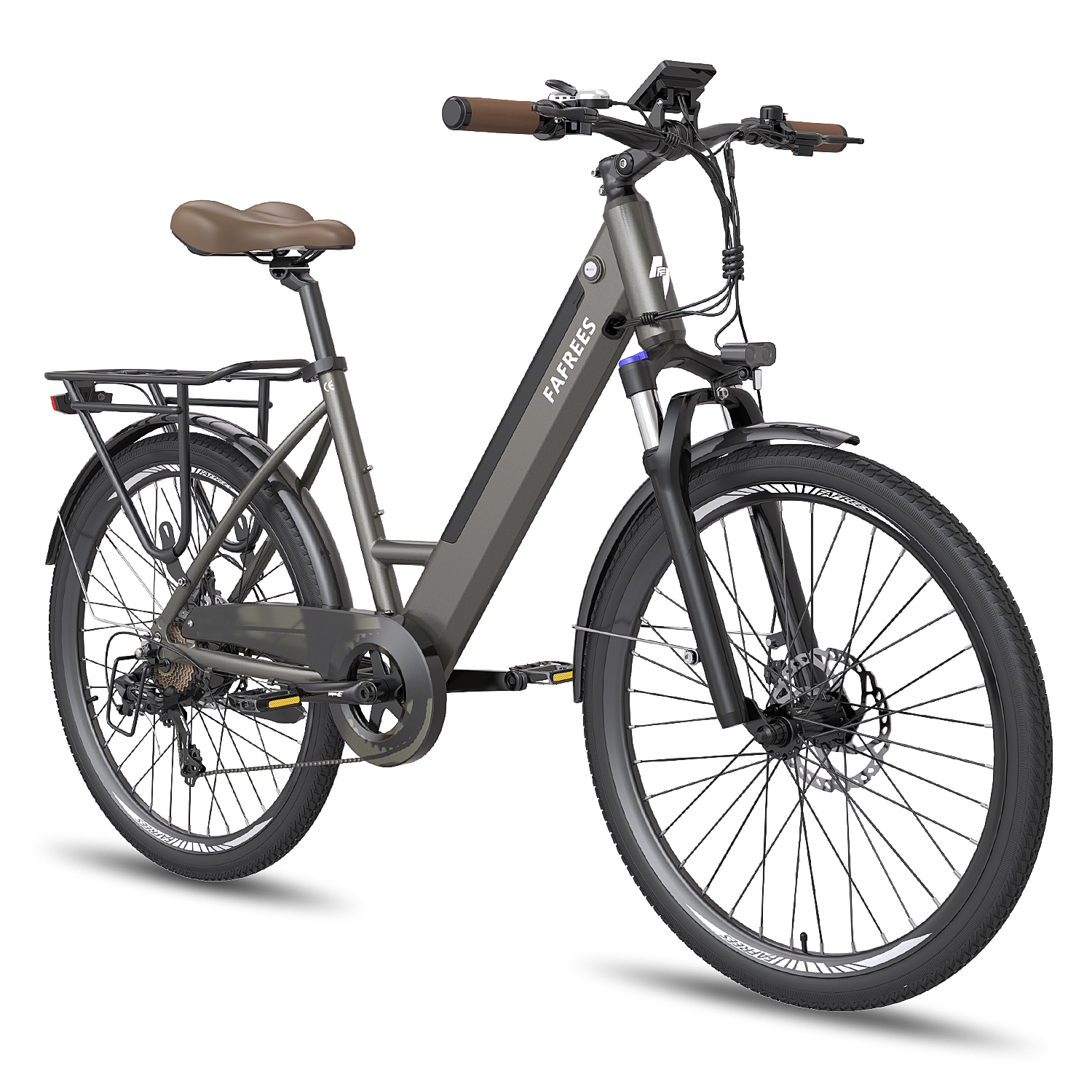 Bicicleta eléctrica. Cuadro gris, manillares y asiento marrones. Ruedas y neumáticos negros.