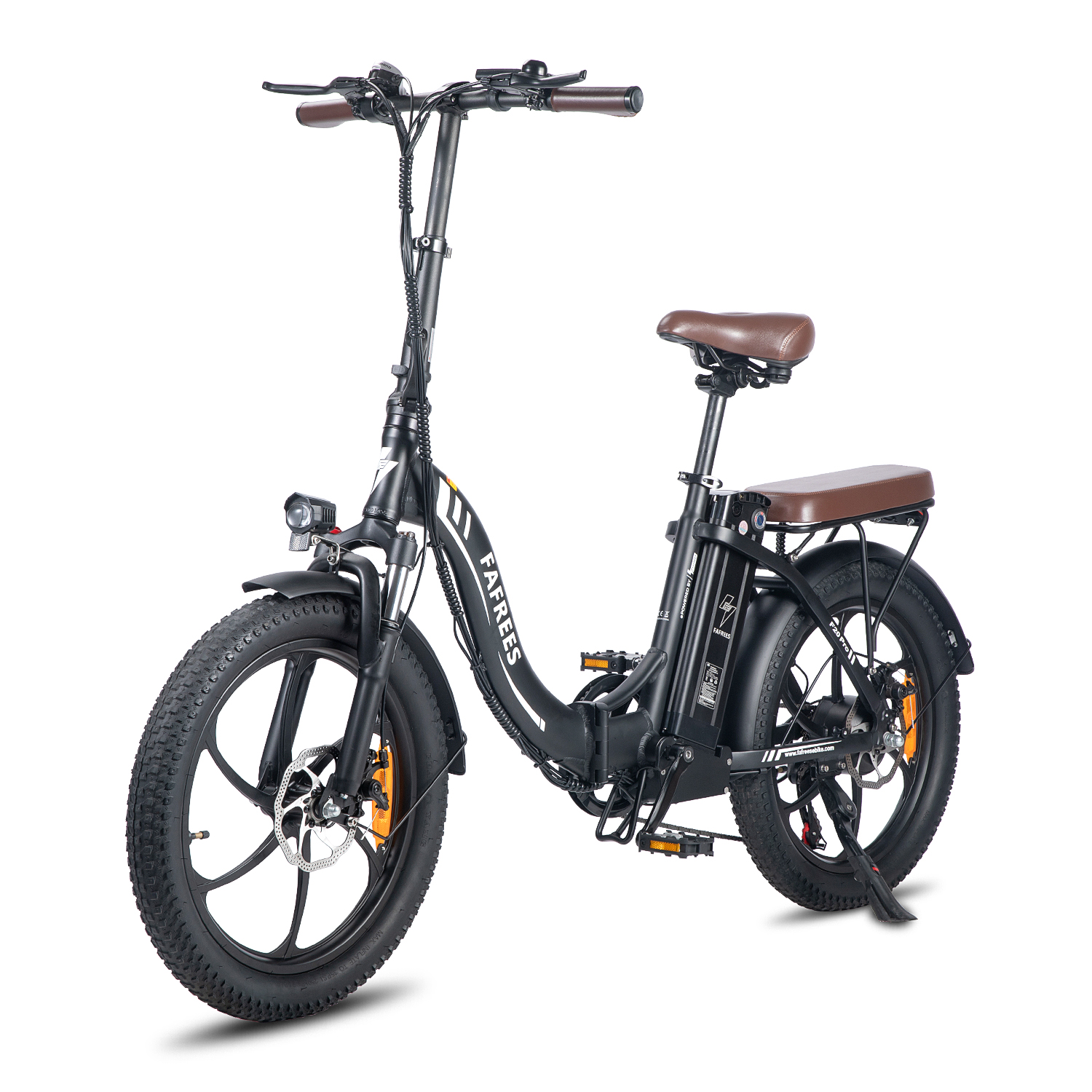 Schwarzes, zusammenklappbares Elektrofahrrad mit braunem Sitz und Reifen. Der Lenker ist oben.