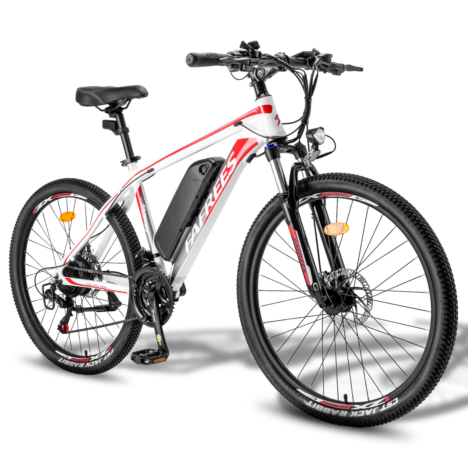 Bicicleta eléctrica blanca y roja sobre un fondo blanco. Cuenta con una batería roja y negra.