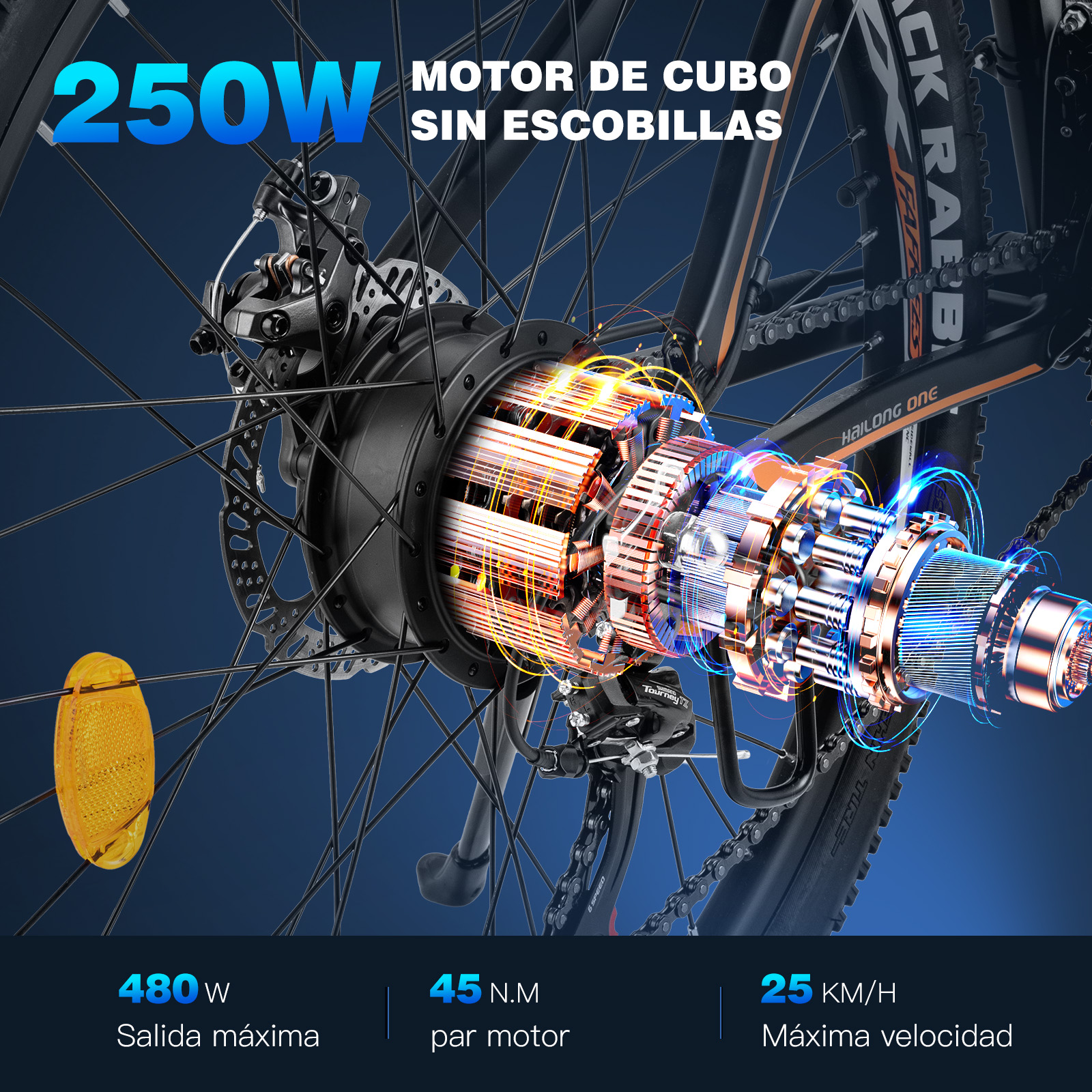 Primer plano de una rueda de bicicleta con texto: 250W, 480W, 45 N.M, 25 KM/H y detalles.