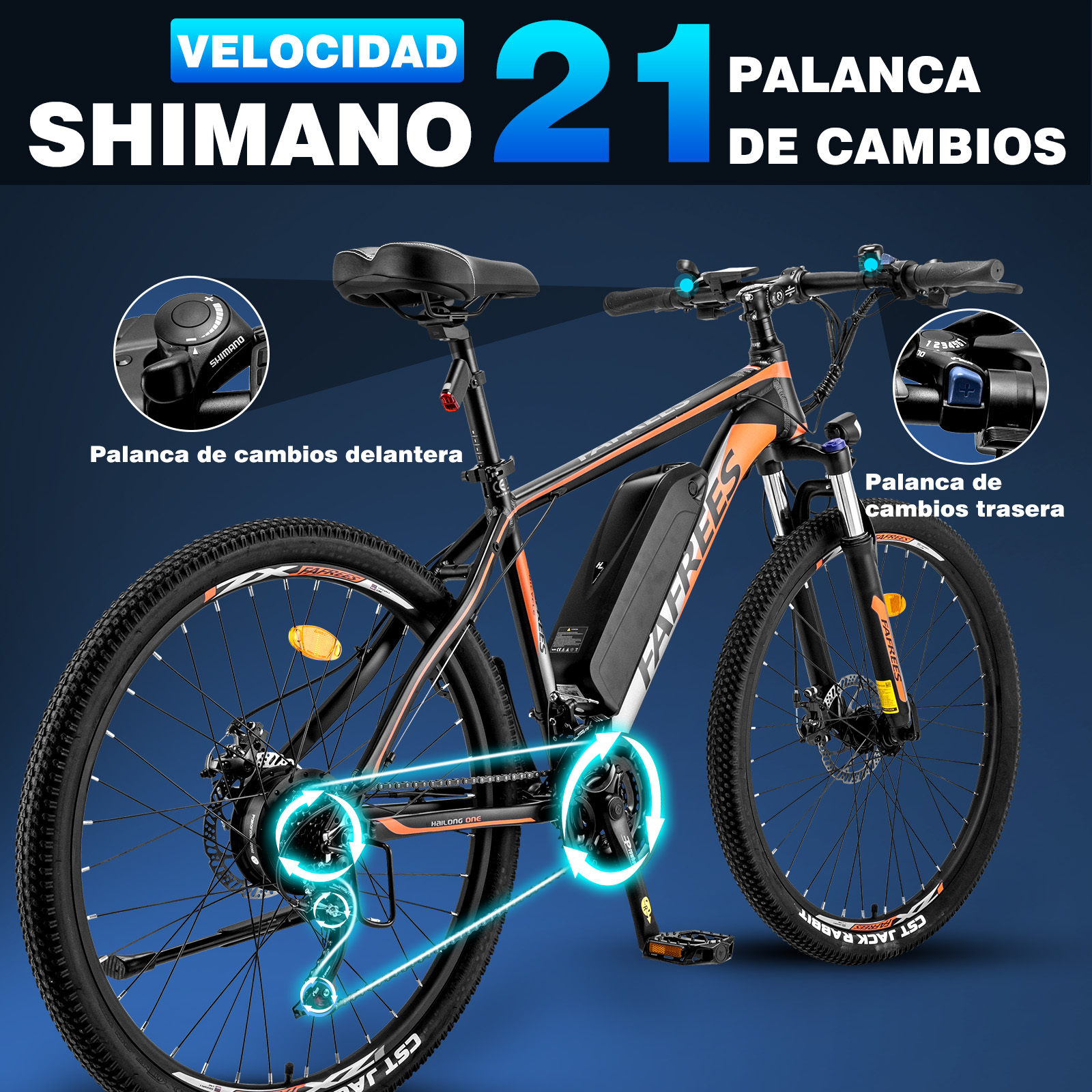 Bicicleta de montaña negra y naranja con cambios Shimano, 21 velocidades. Texto en español arriba. Fondo azul oscuro.