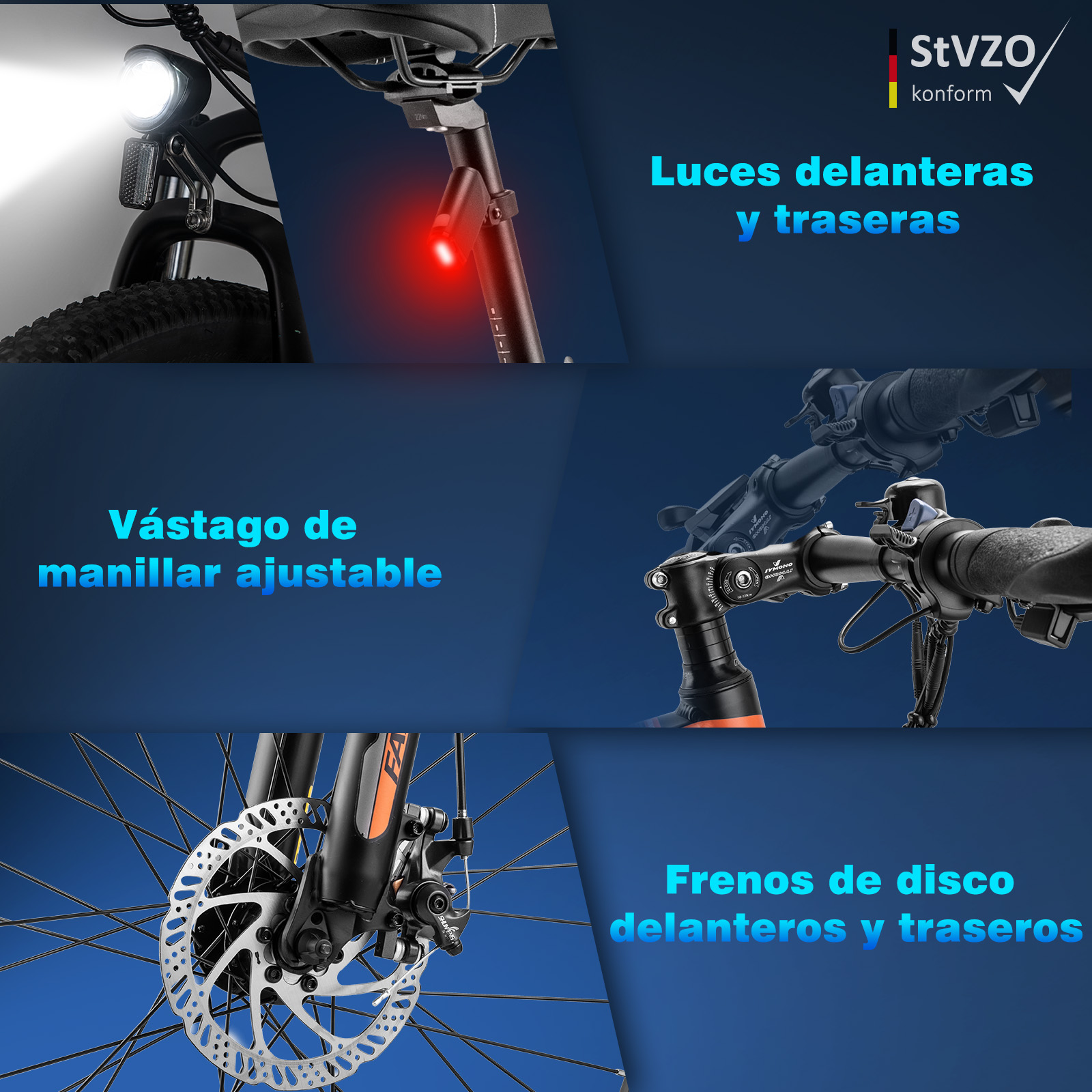 Imágenes de cerca de piezas de bicicleta: luces, potencia ajustable y frenos de disco. Etiquetas de texto.