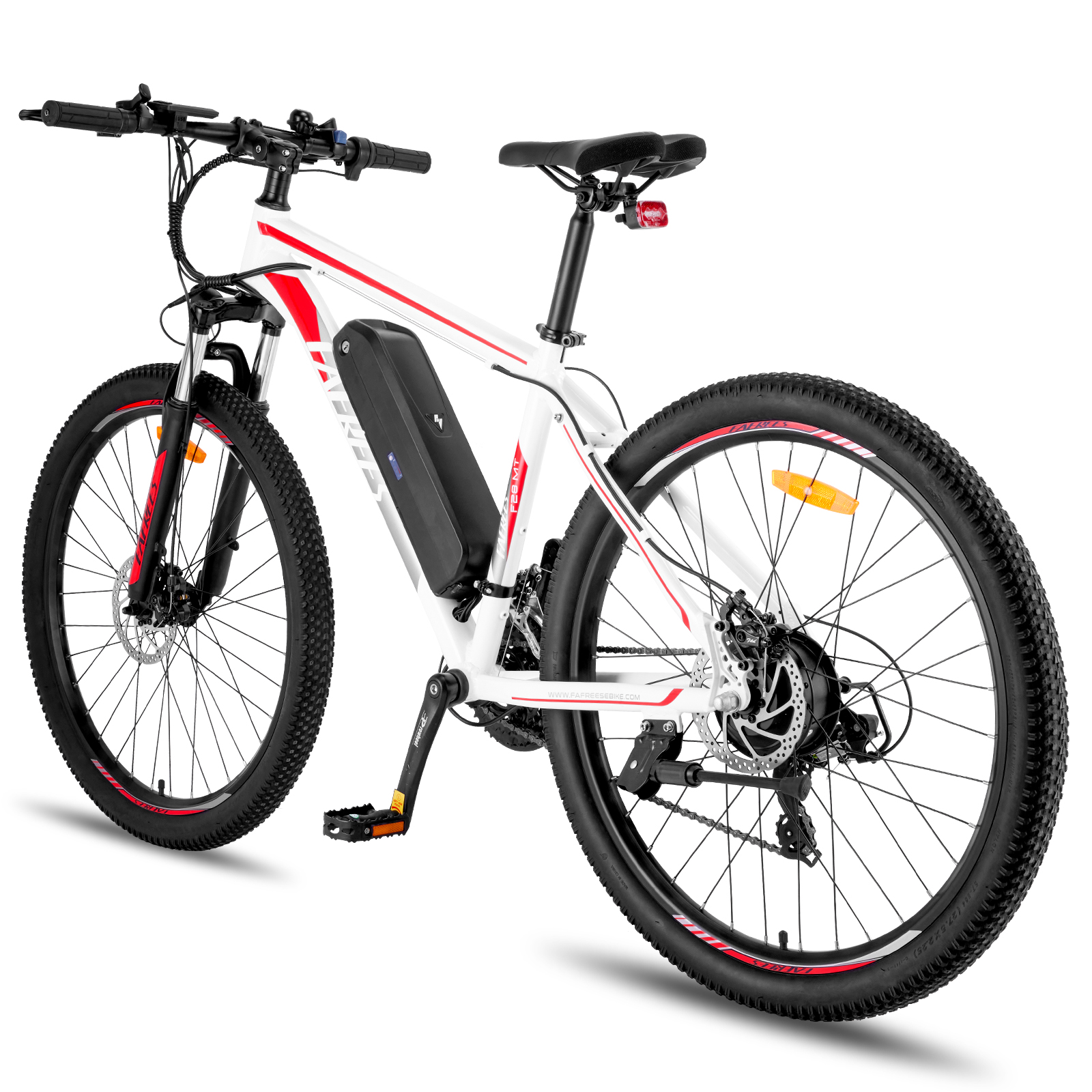 Bicicletta elettrica bianca e rossa su sfondo bianco.