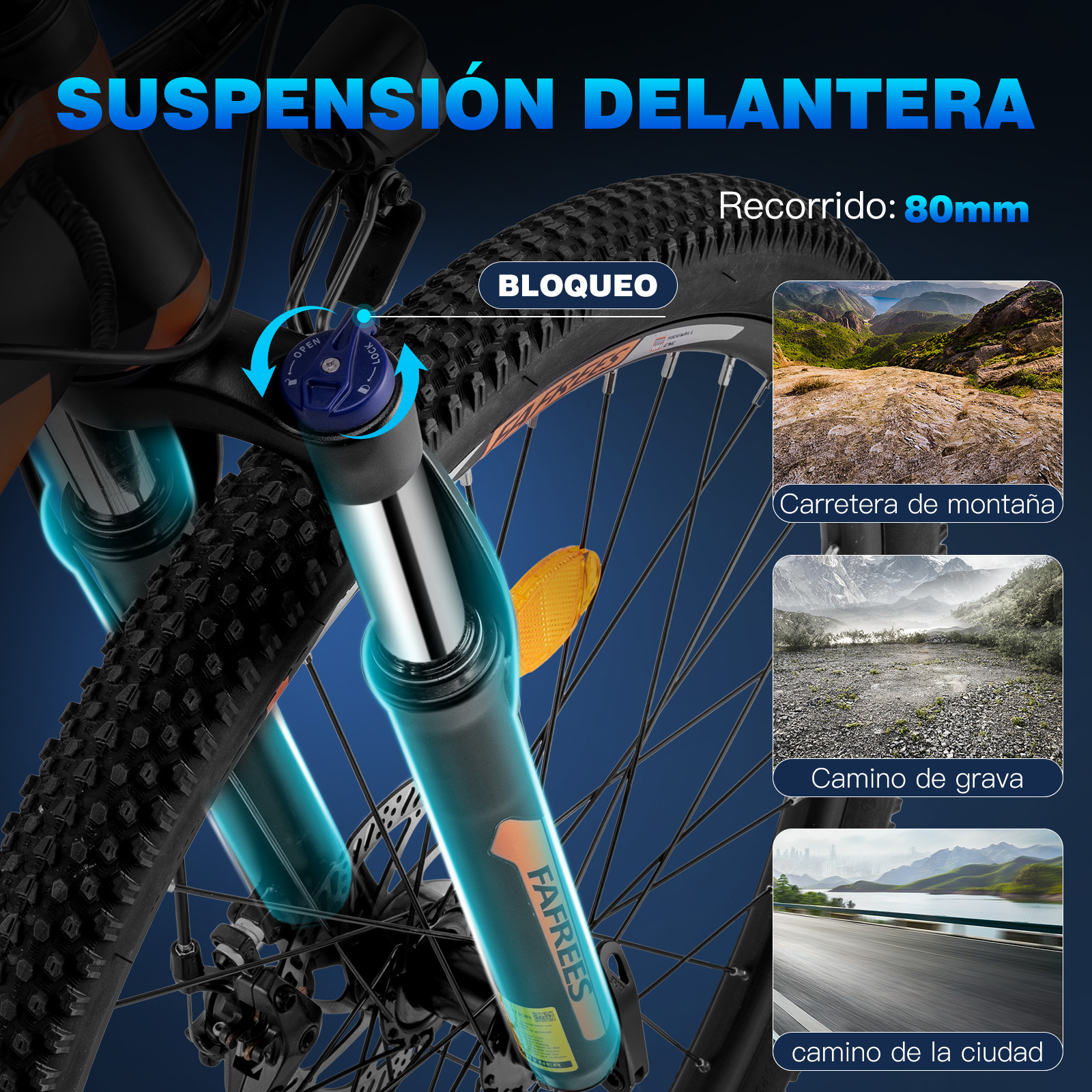 Primer plano de la suspensión delantera de una bicicleta. El texto dice "Suspension Delantera" y "Bloqueo".