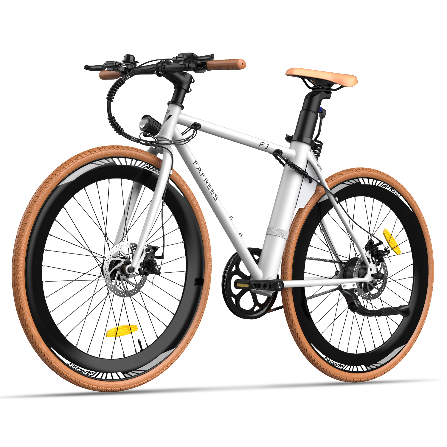 Una bicicletta bianca e nera con pneumatici marroni e un sellino marrone, su sfondo bianco.