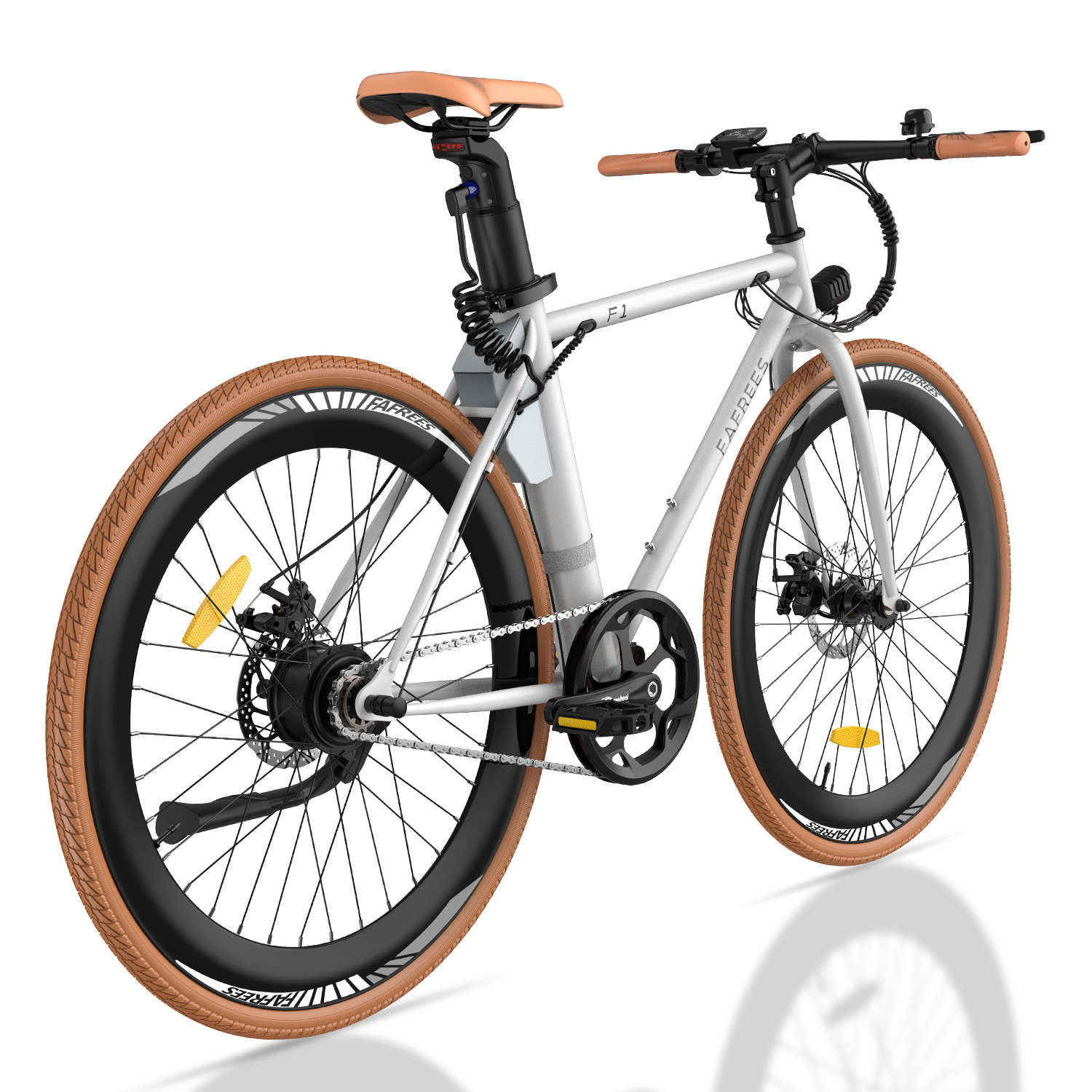 Bici: bici argentata con pneumatici marroni, dettagli del retro.