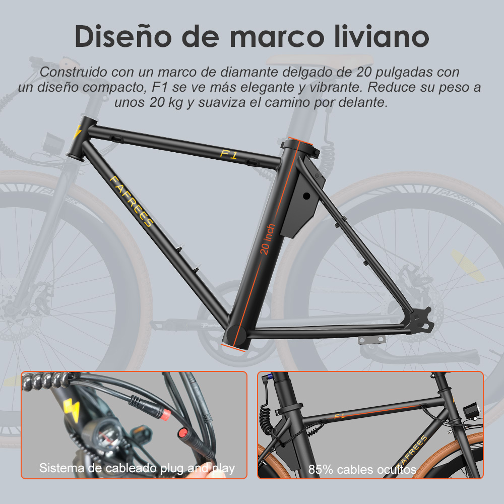 Telaio nero di una bici, vista dettagliata del telaio. Testo in spagnolo, dettagli delle caratteristiche.