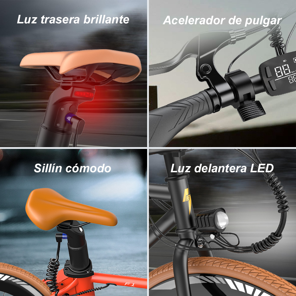 Quattro immagini di parti di e-bike: luce posteriore, acceleratore, sella comoda e luce anteriore a LED.