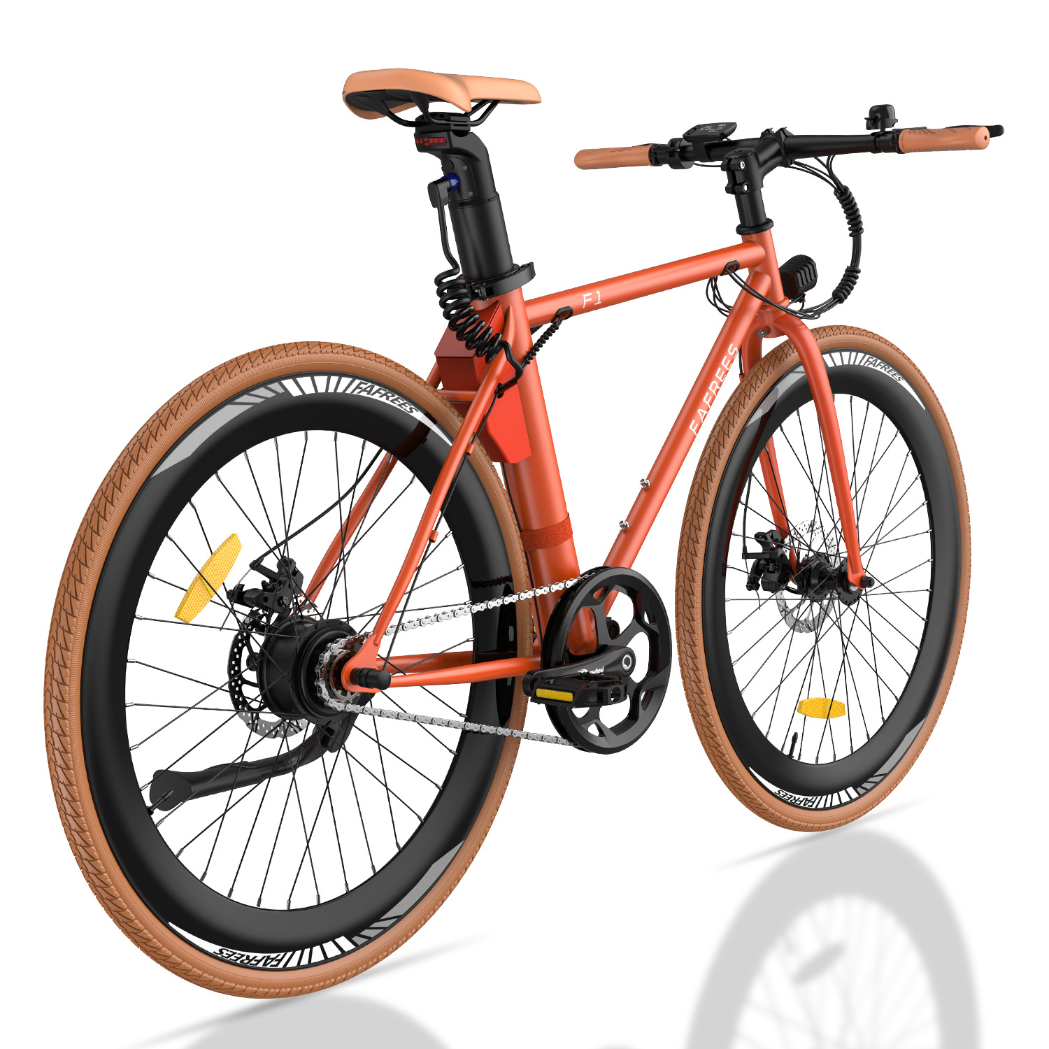 Bicicletta elettrica rossa. Ha telaio rosso, pneumatici e manubrio marroni. La scritta "FARFACE" sul lato.