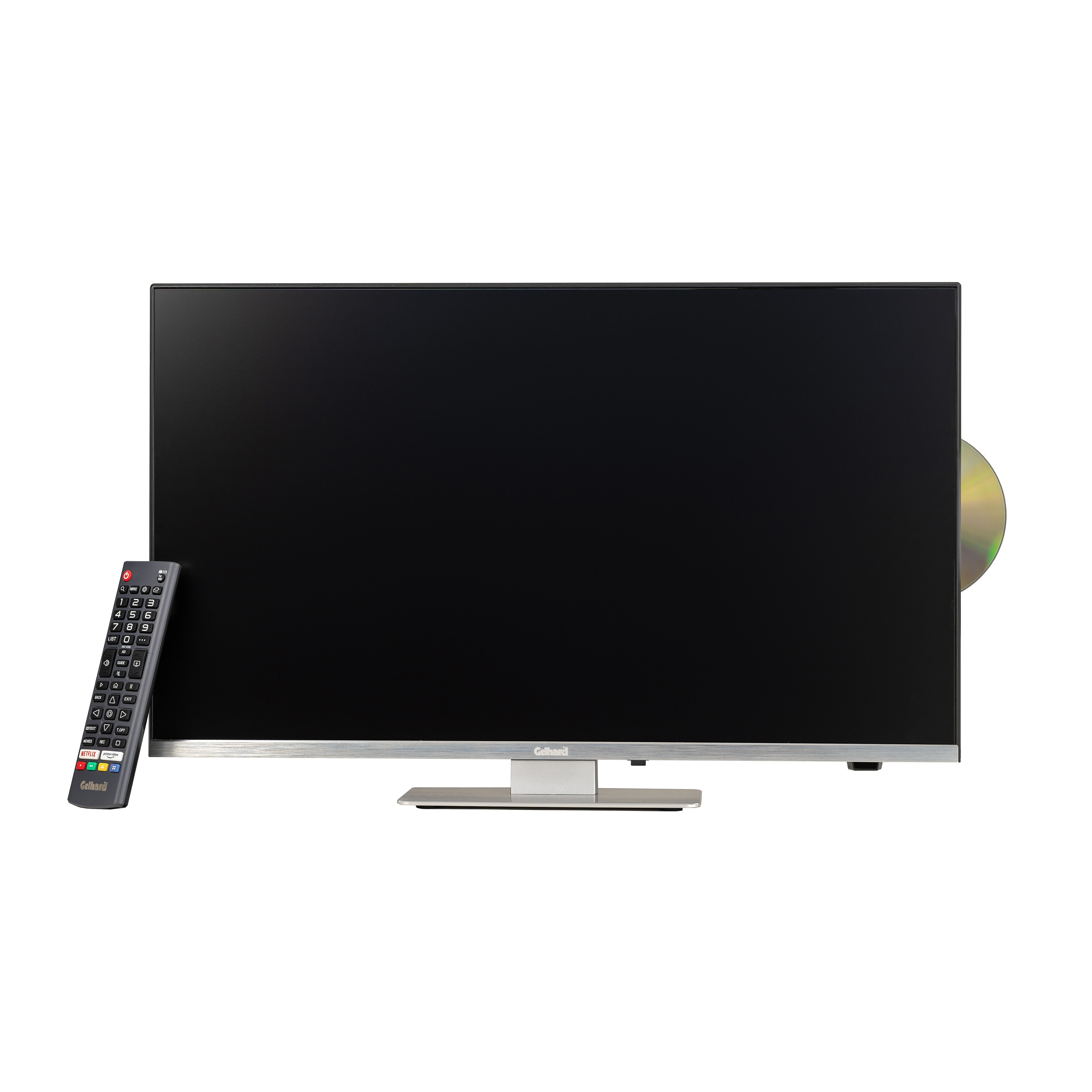 Ein schwarzer Fernseher mit DVD-Player rechts und Fernbedienung.