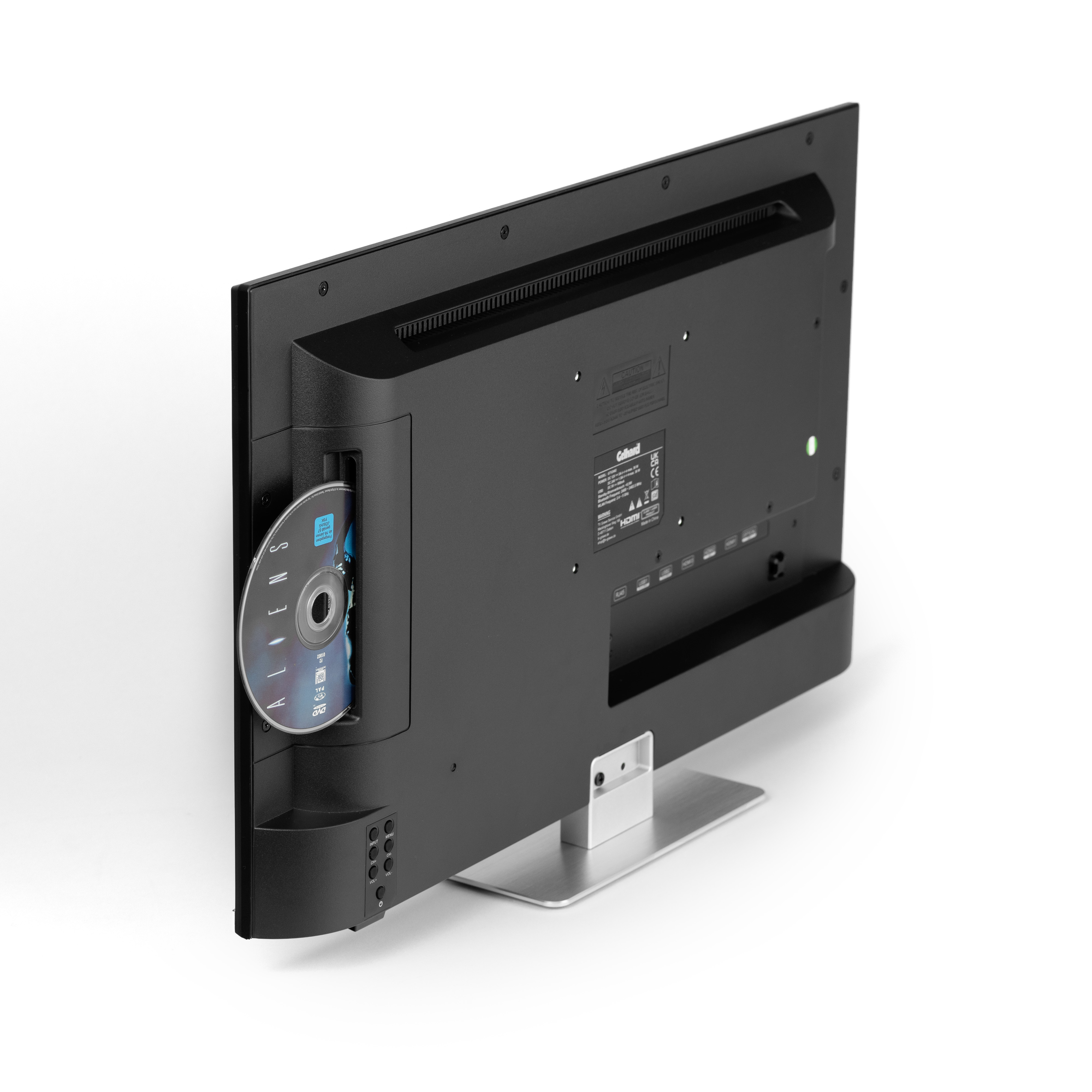 Ein schwarzer Fernseher mit einer DVD, die seitlich eingesetzt ist.