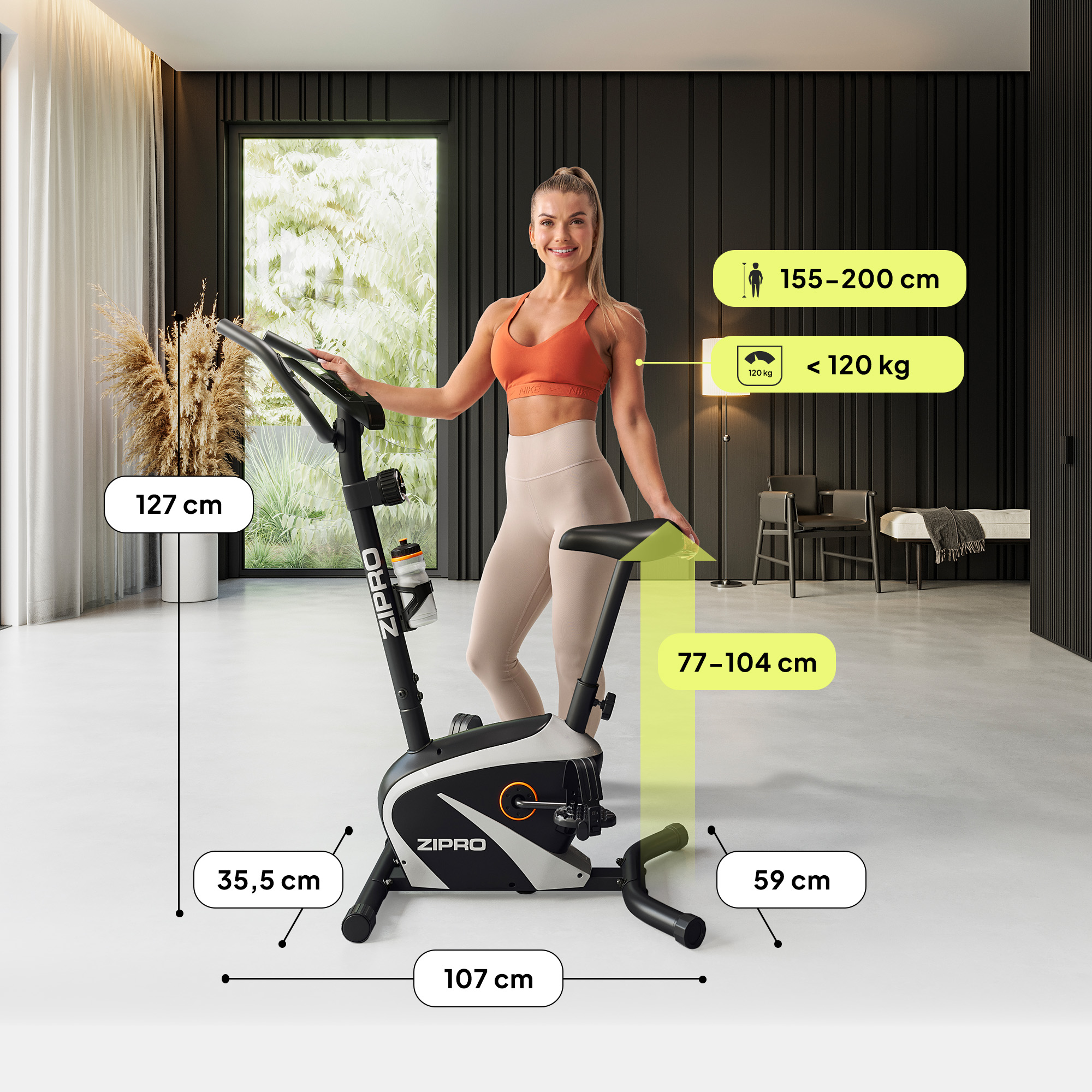 Frau trainiert auf einem Zipro-Heimtrainer, mit Abmessungen und Messungen.